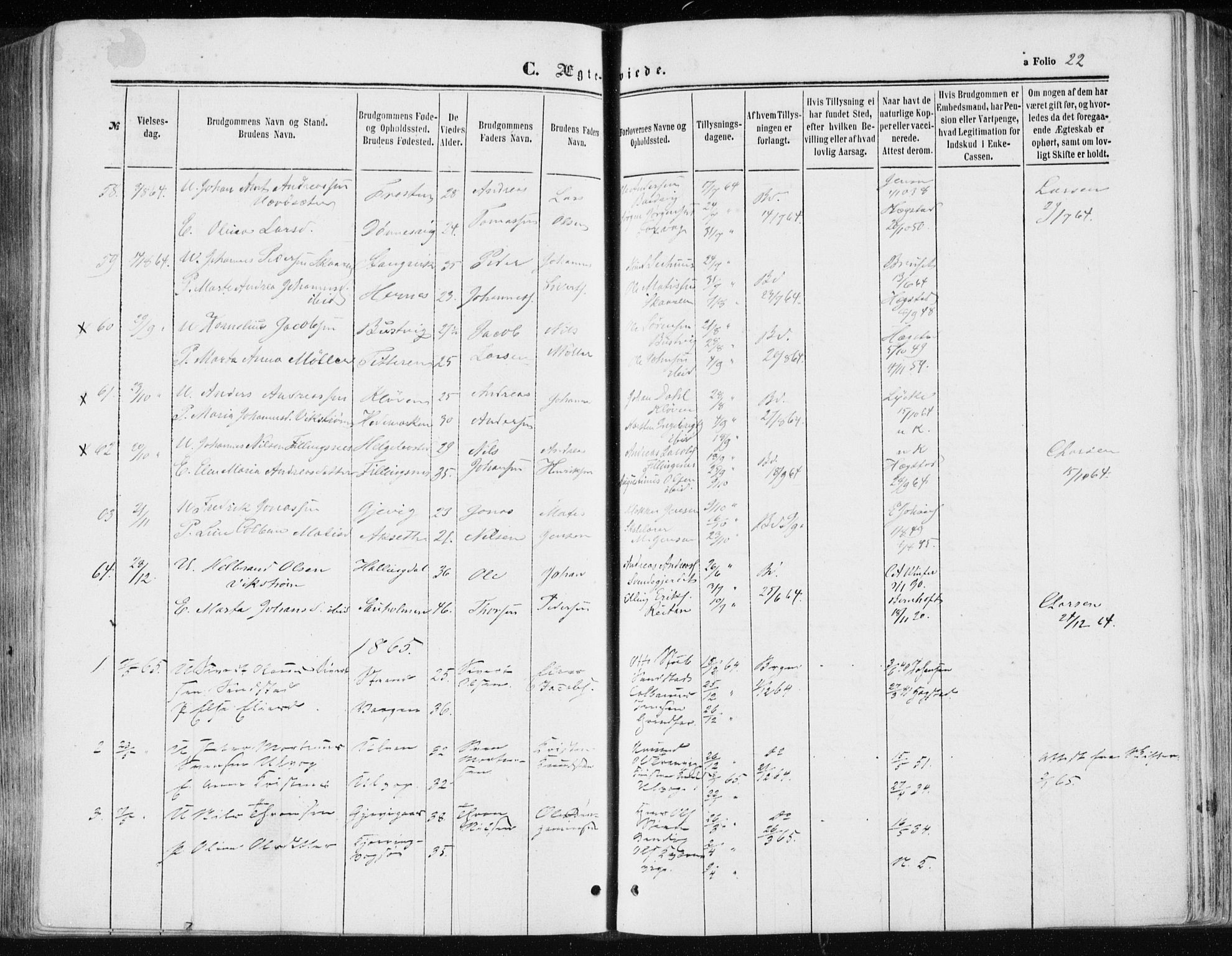 Ministerialprotokoller, klokkerbøker og fødselsregistre - Sør-Trøndelag, SAT/A-1456/634/L0531: Parish register (official) no. 634A07, 1861-1870, p. 22