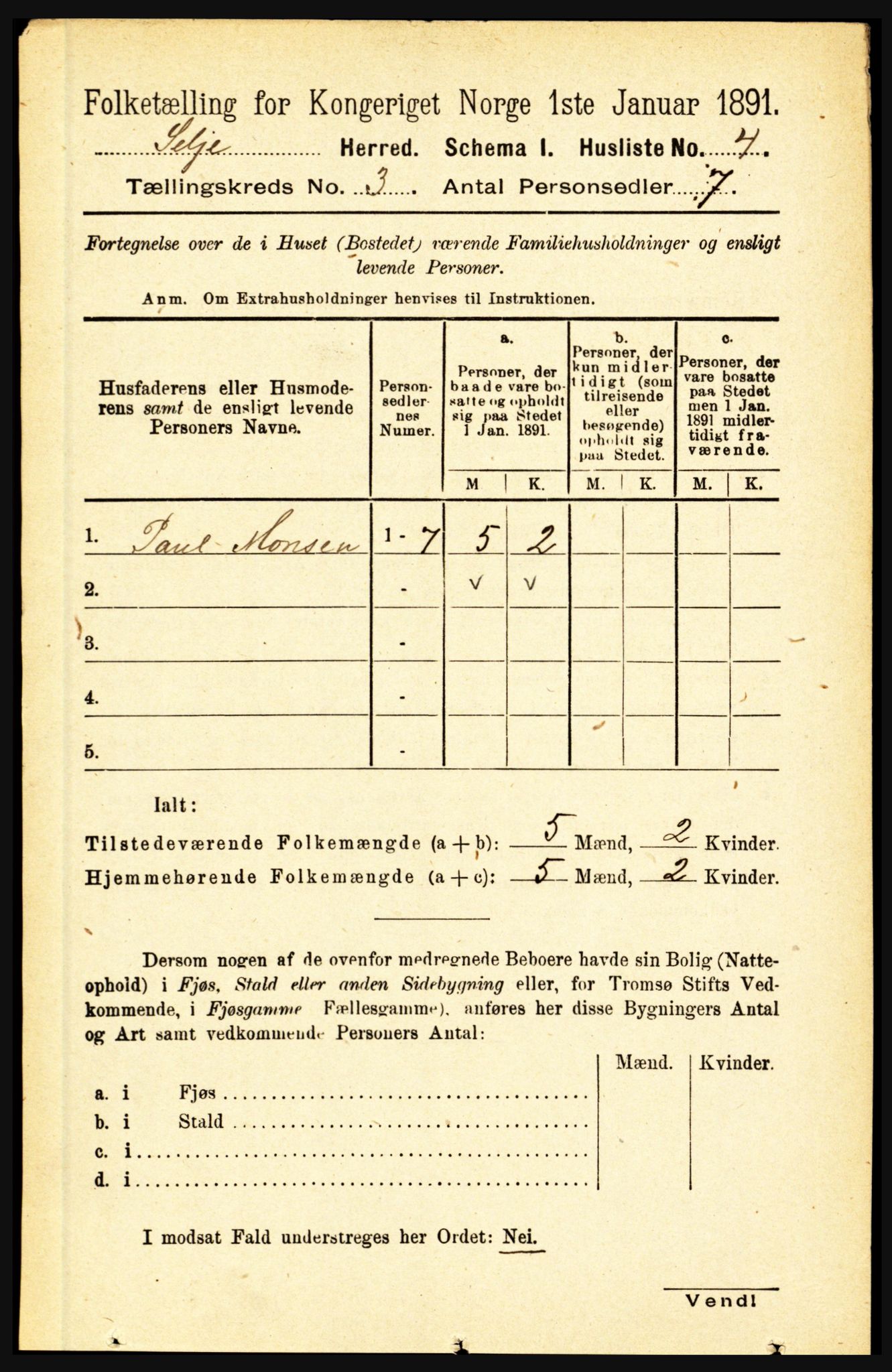 RA, 1891 census for 1441 Selje, 1891, p. 590