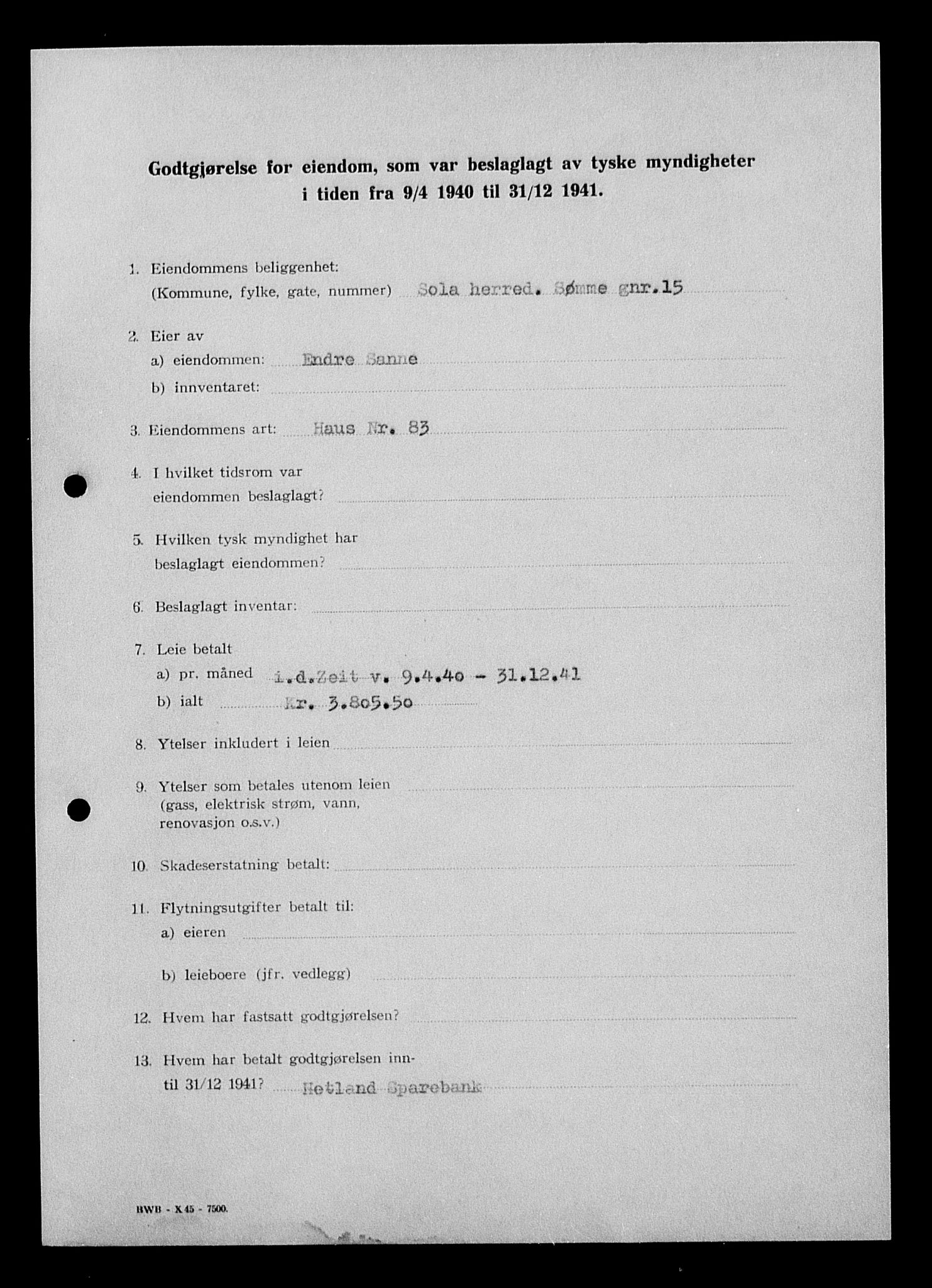 Justisdepartementet, Tilbakeføringskontoret for inndratte formuer, AV/RA-S-1564/I/L1015: Godtgjørelse for beslaglagt eiendom, 1940-1941, p. 142