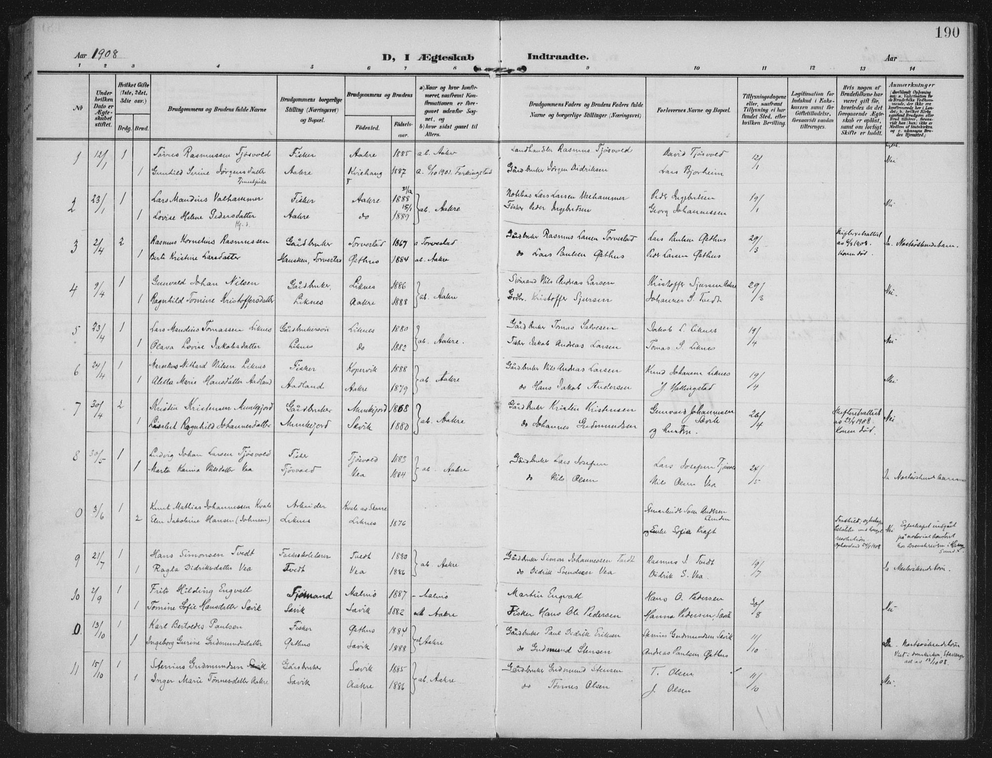 Kopervik sokneprestkontor, AV/SAST-A-101850/H/Ha/Haa/L0005: Parish register (official) no. A 5, 1906-1924, p. 190