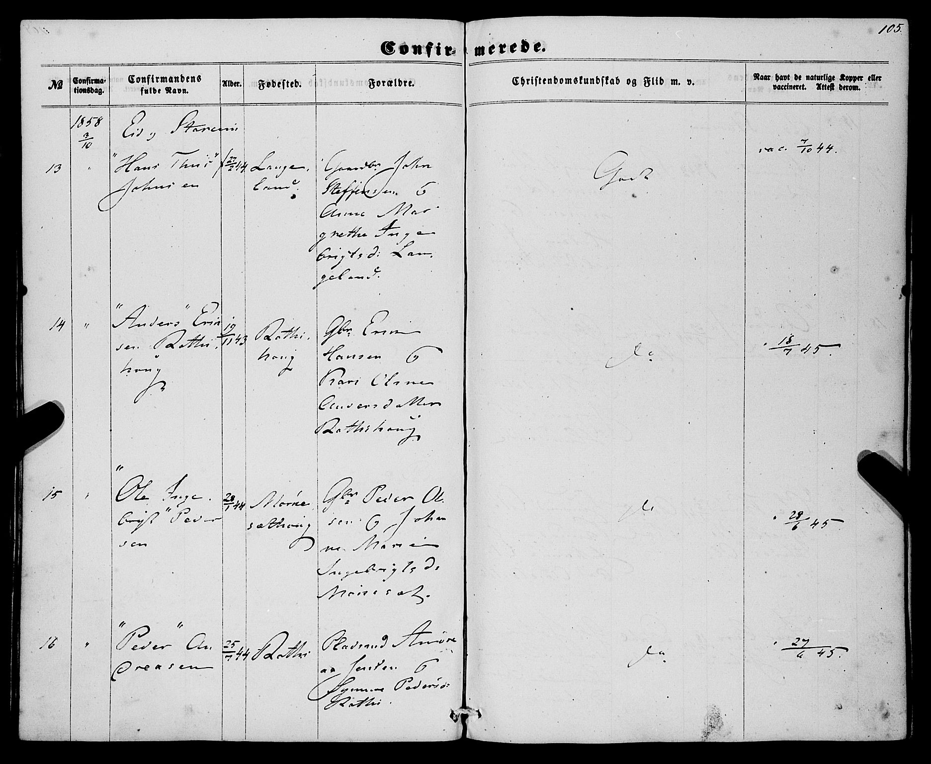 Eid sokneprestembete, AV/SAB-A-82301/H/Haa/Haaa/L0008: Parish register (official) no. A 8, 1858-1860, p. 105