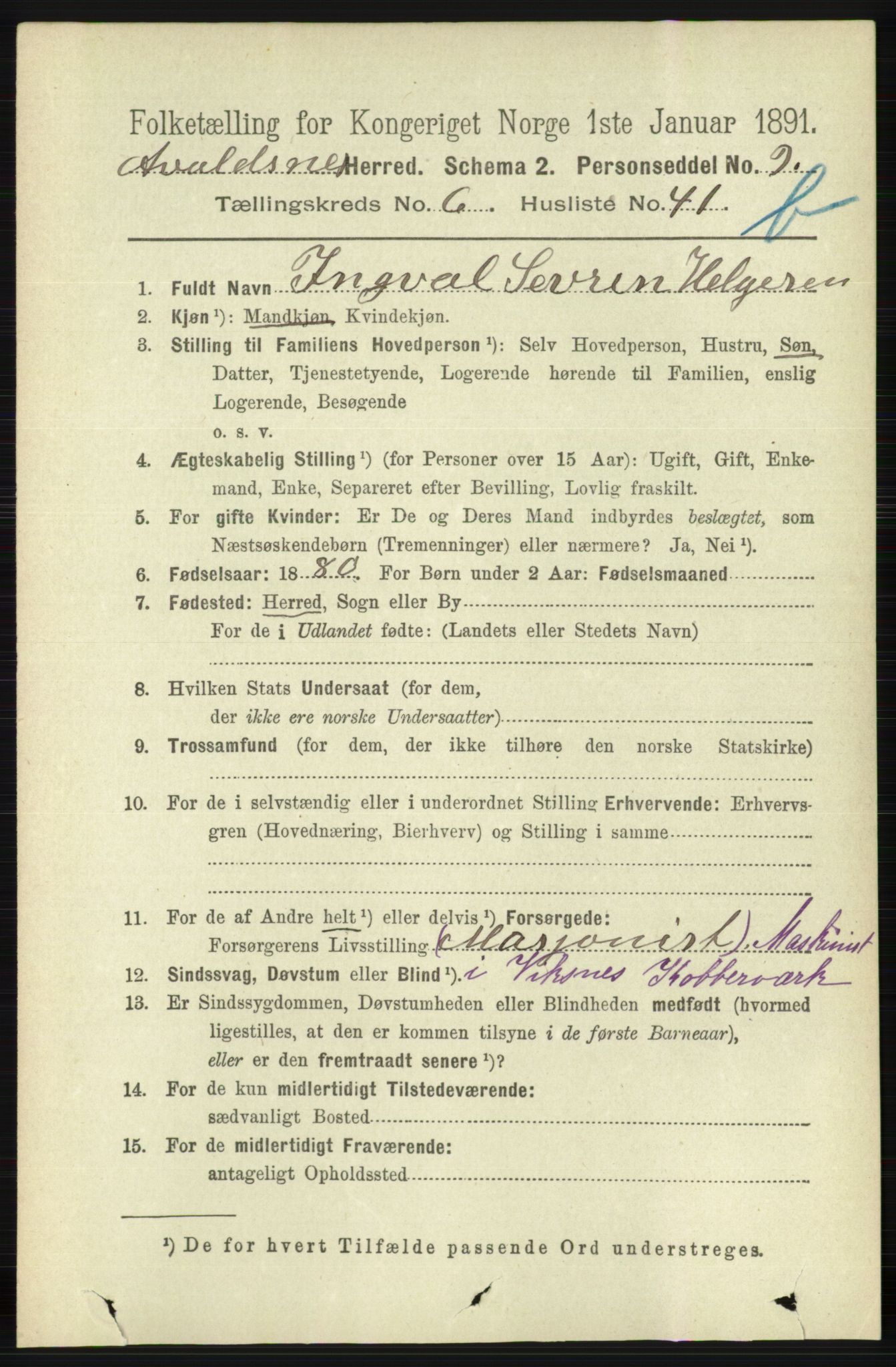 RA, 1891 census for 1147 Avaldsnes, 1891, p. 3474