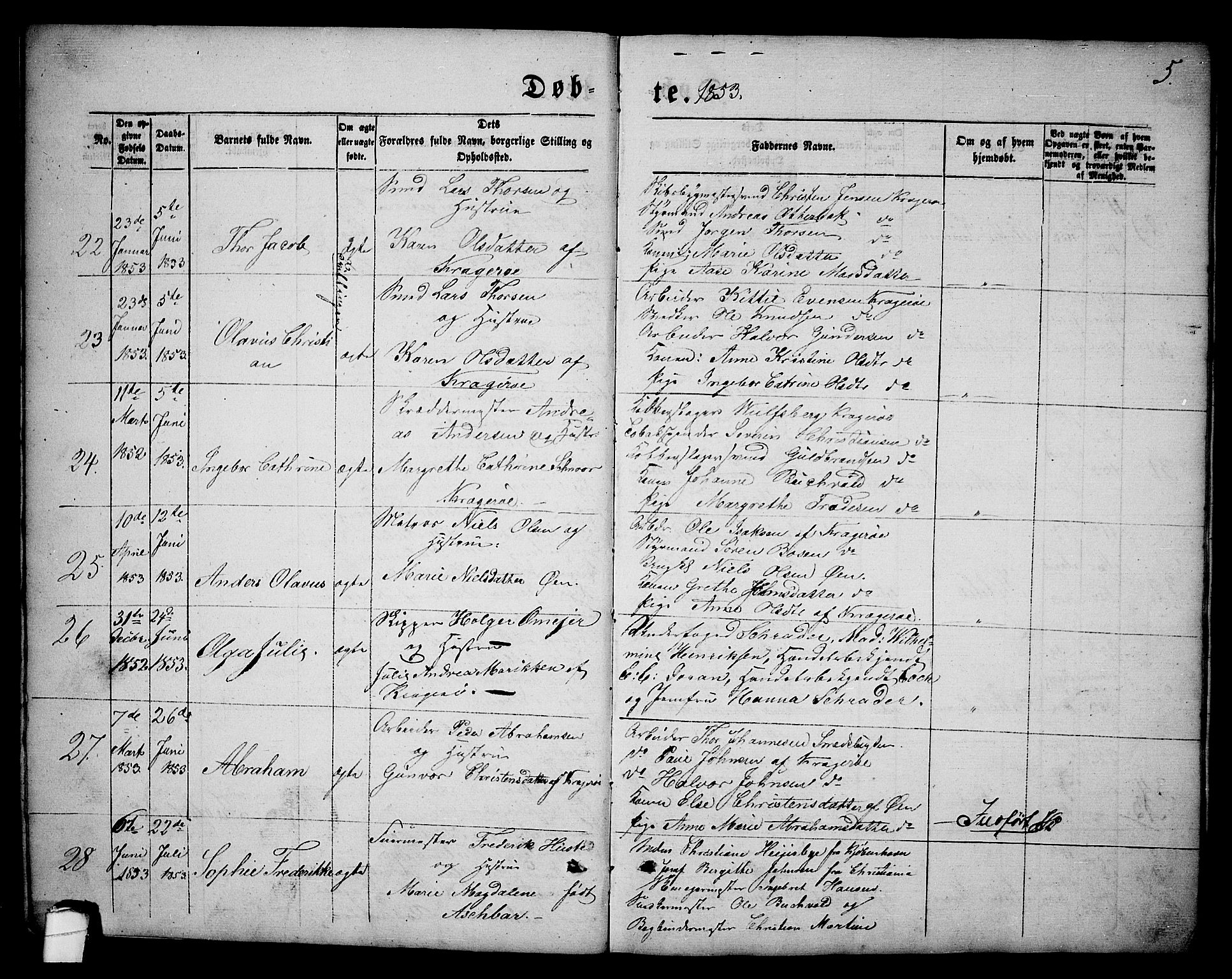 Kragerø kirkebøker, AV/SAKO-A-278/G/Ga/L0004: Parish register (copy) no. 4, 1853-1865, p. 5