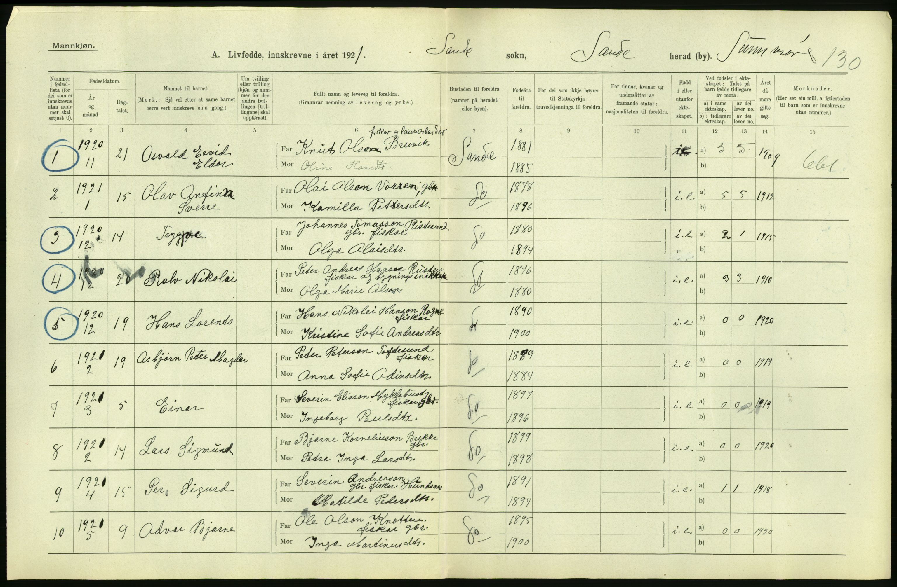 Statistisk sentralbyrå, Sosiodemografiske emner, Befolkning, RA/S-2228/D/Df/Dfc/Dfca/L0040: Møre fylke: Levendefødte menn og kvinner. Bygder., 1921, p. 16