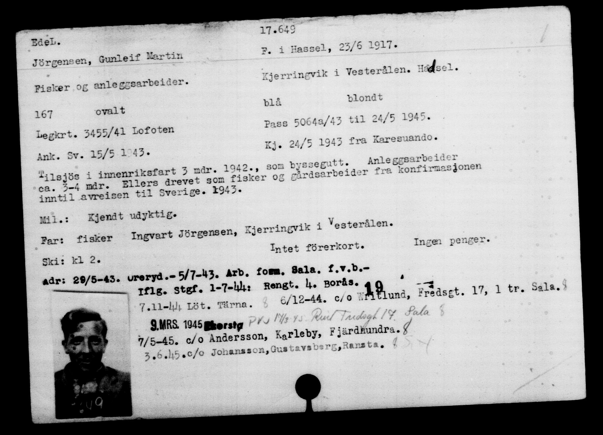 Utenriksstasjonene, Legasjonen i Stockholm, Flyktningkontoret, AV/RA-S-6753/V/Va/L0008: Kjesäterkartoteket, flyktninger med registreringsnr. 15700-18547, 1940-1945, p. 2159