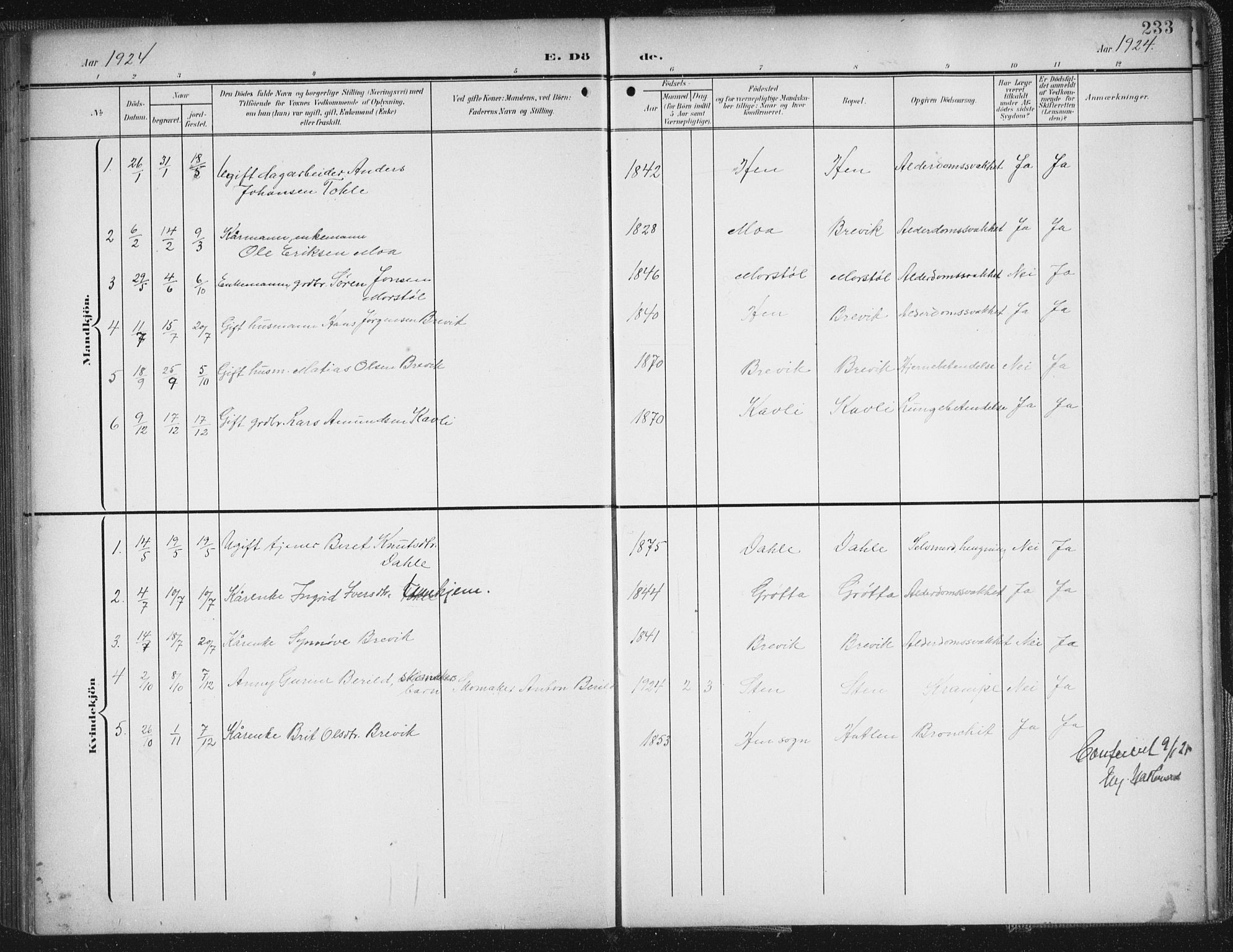 Ministerialprotokoller, klokkerbøker og fødselsregistre - Møre og Romsdal, AV/SAT-A-1454/545/L0589: Parish register (copy) no. 545C03, 1902-1937, p. 233