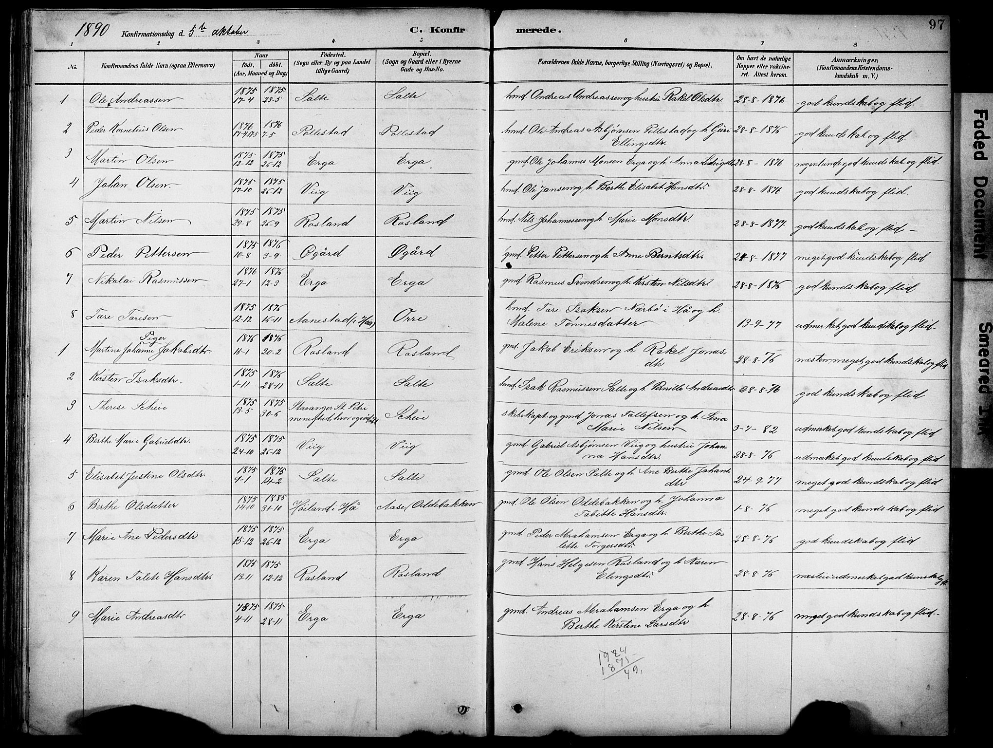 Klepp sokneprestkontor, SAST/A-101803/001/3/30BB/L0005: Parish register (copy) no. B 5, 1889-1918, p. 97