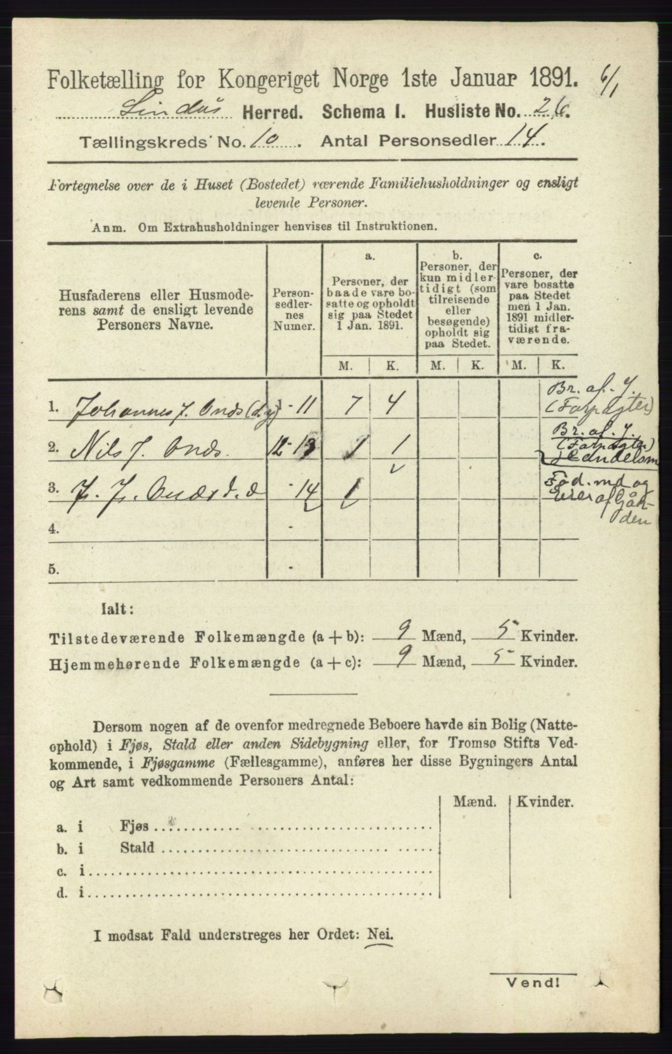 RA, 1891 census for 1263 Lindås, 1891, p. 3400