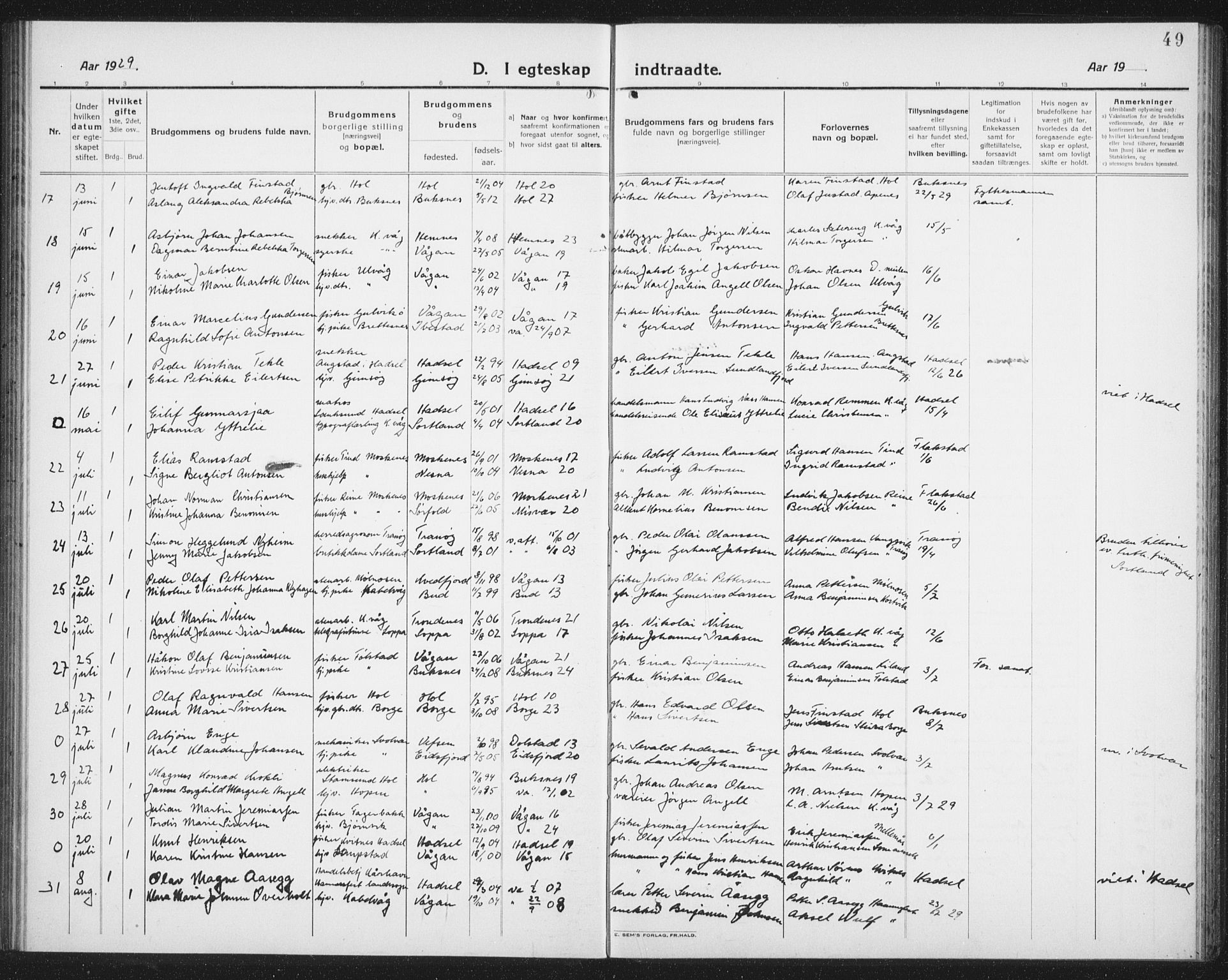 Ministerialprotokoller, klokkerbøker og fødselsregistre - Nordland, SAT/A-1459/874/L1082: Parish register (copy) no. 874C11, 1920-1939, p. 49