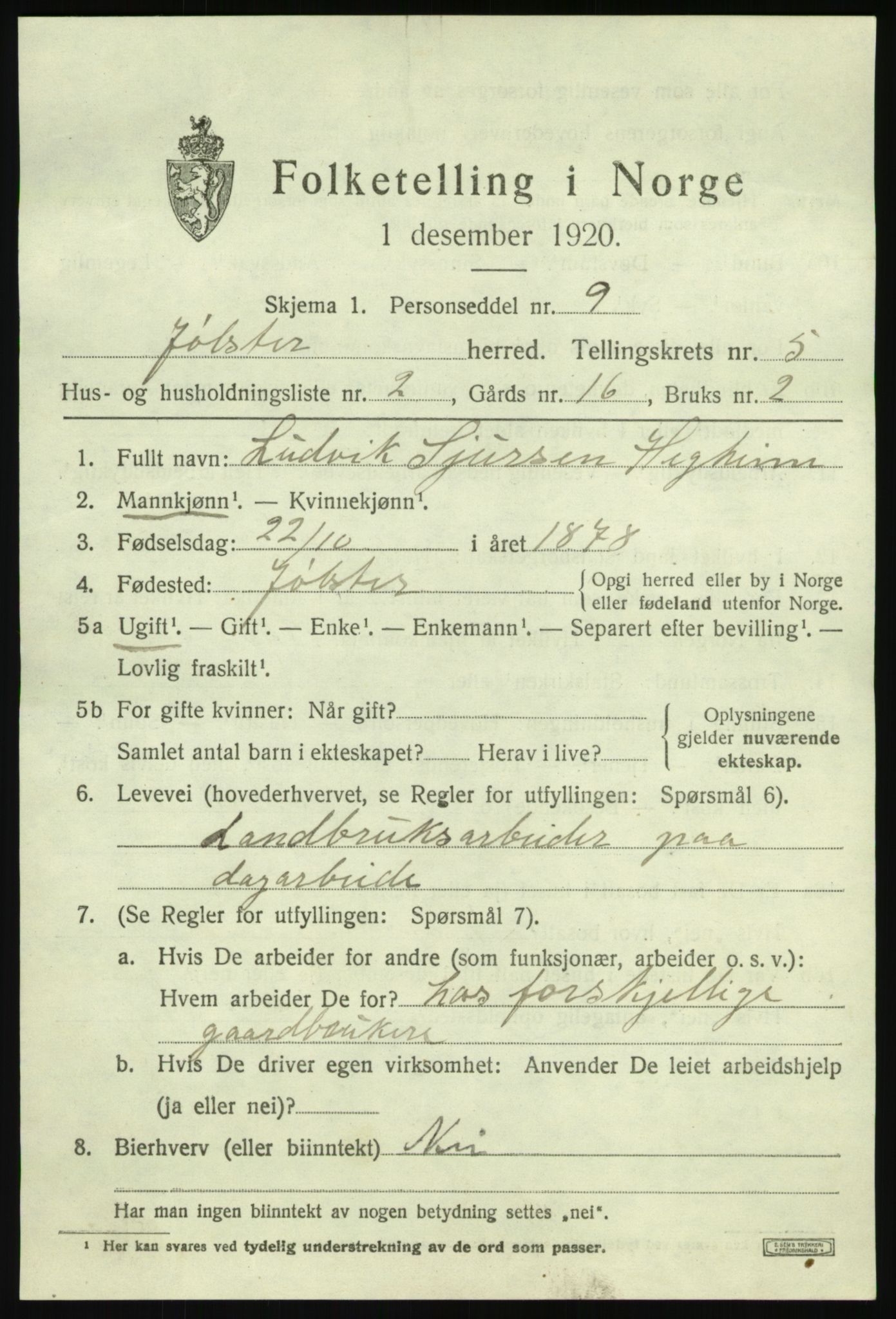 SAB, 1920 census for Jølster, 1920, p. 2956