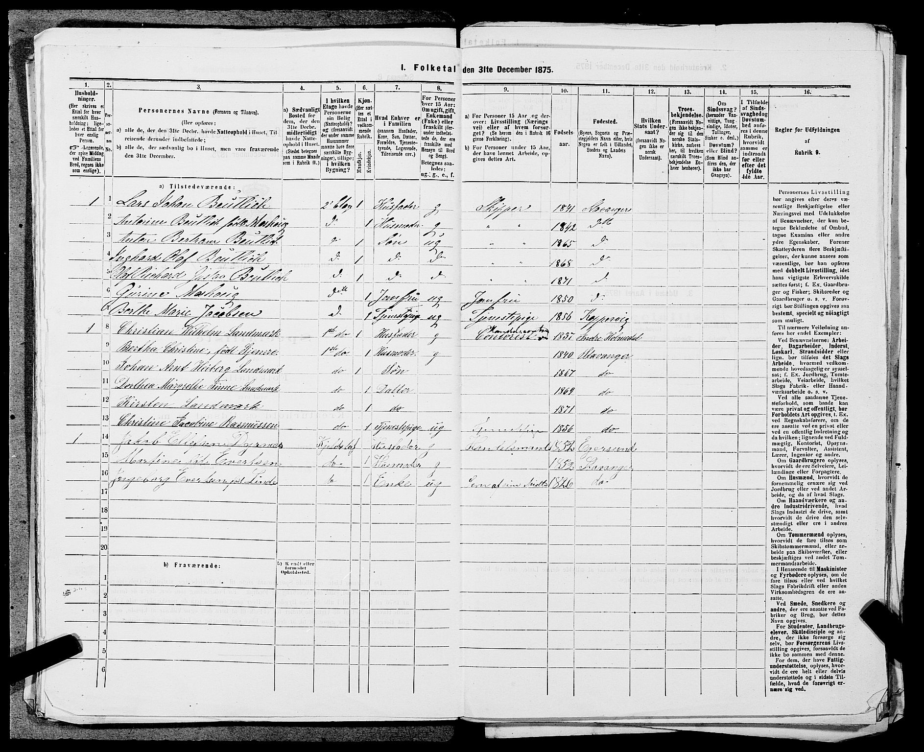 SAST, 1875 census for 1103 Stavanger, 1875, p. 2201