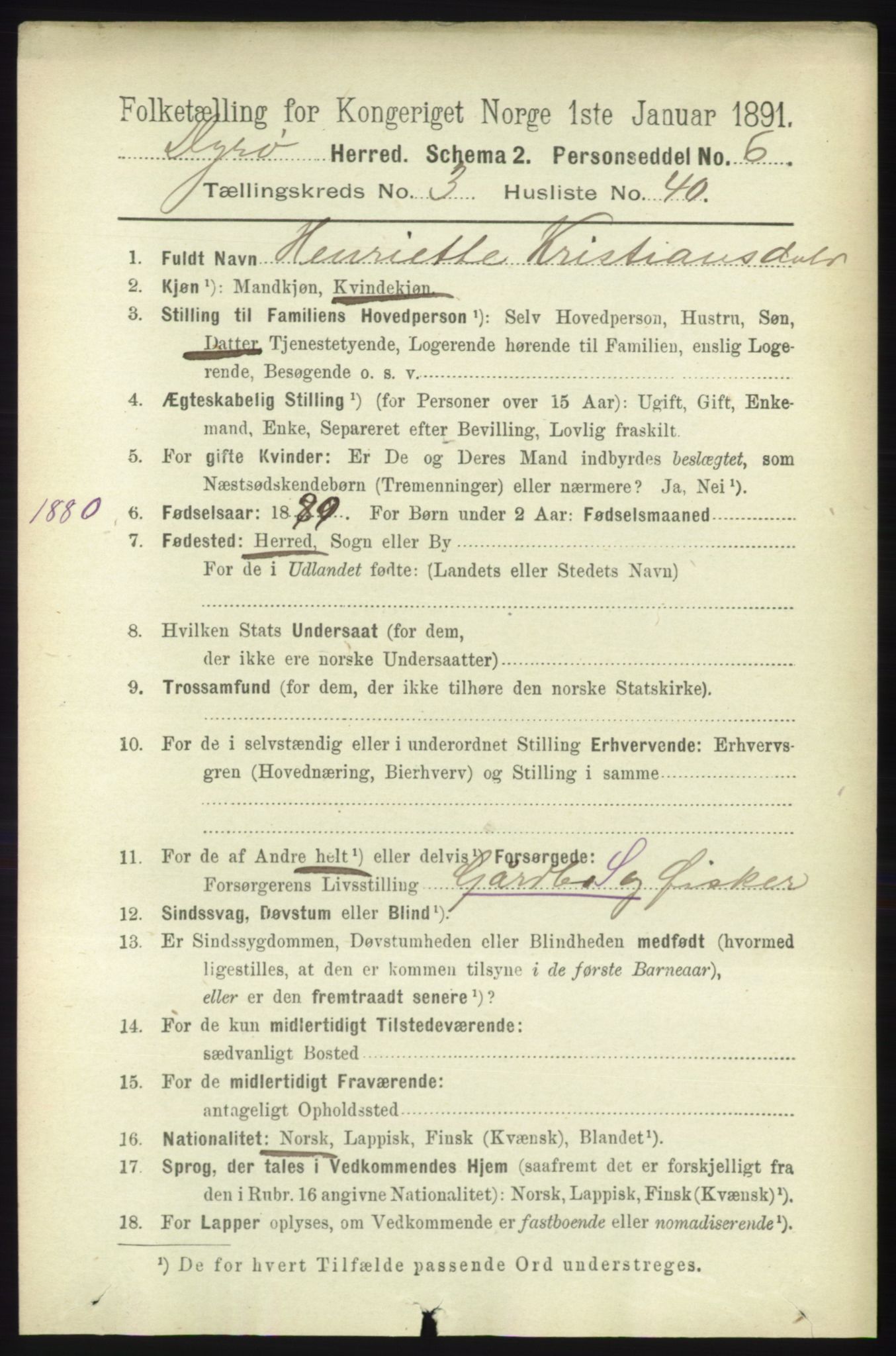 RA, 1891 census for 1926 Dyrøy, 1891, p. 1444