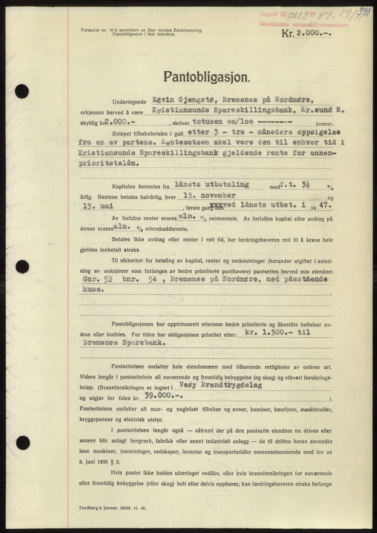 Nordmøre sorenskriveri, AV/SAT-A-4132/1/2/2Ca: Mortgage book no. B97, 1947-1948, Diary no: : 2683/1947