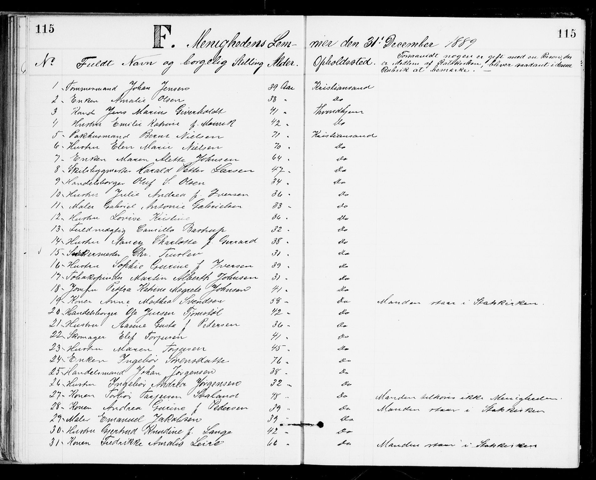 Den evangelisk-lutherske frikirke, Kristiansand, SAK/1292-0017/F/Fa/L0002: Dissenter register no. F 10, 1889-1892, p. 115