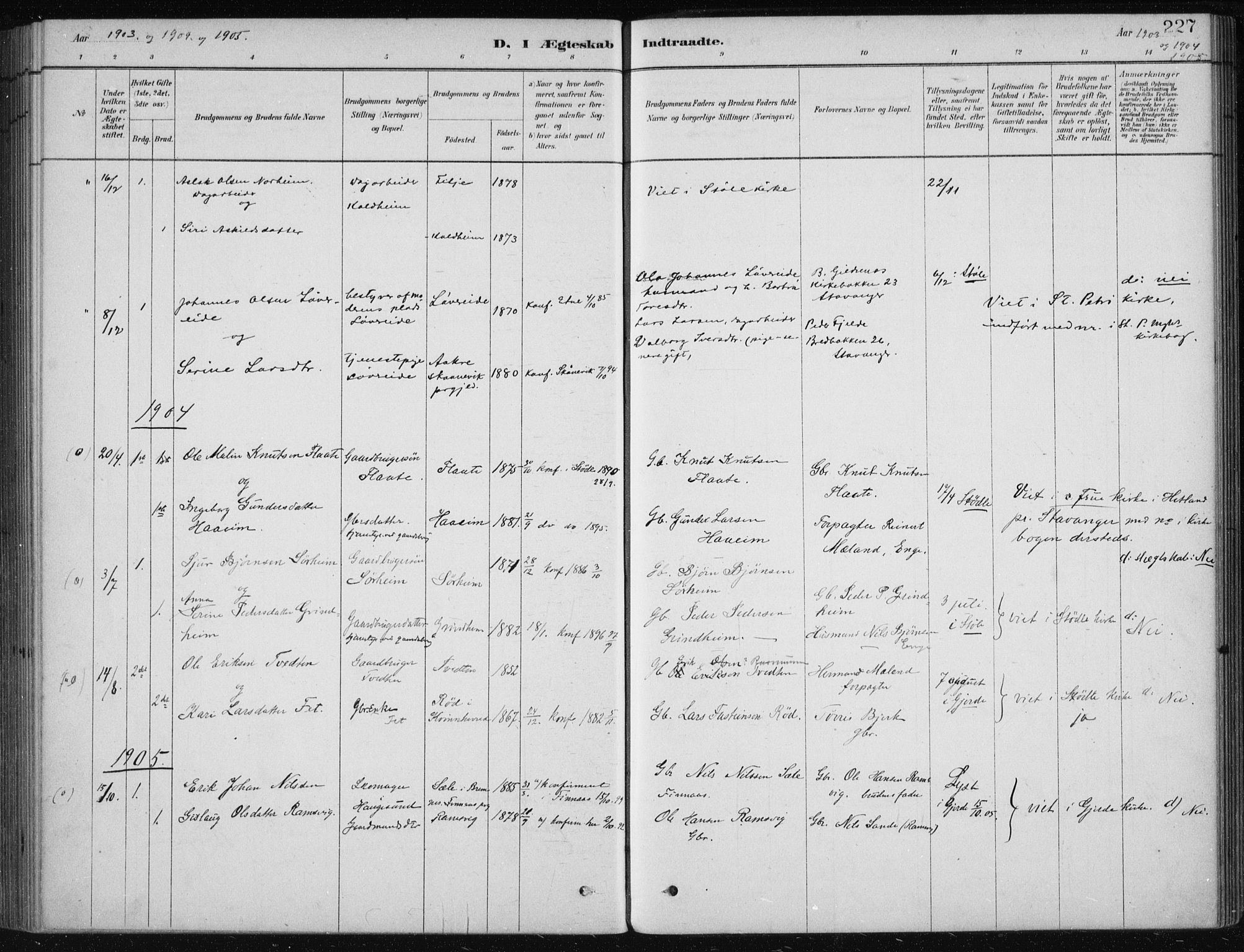 Etne sokneprestembete, SAB/A-75001/H/Haa: Parish register (official) no. D  1, 1879-1919, p. 227