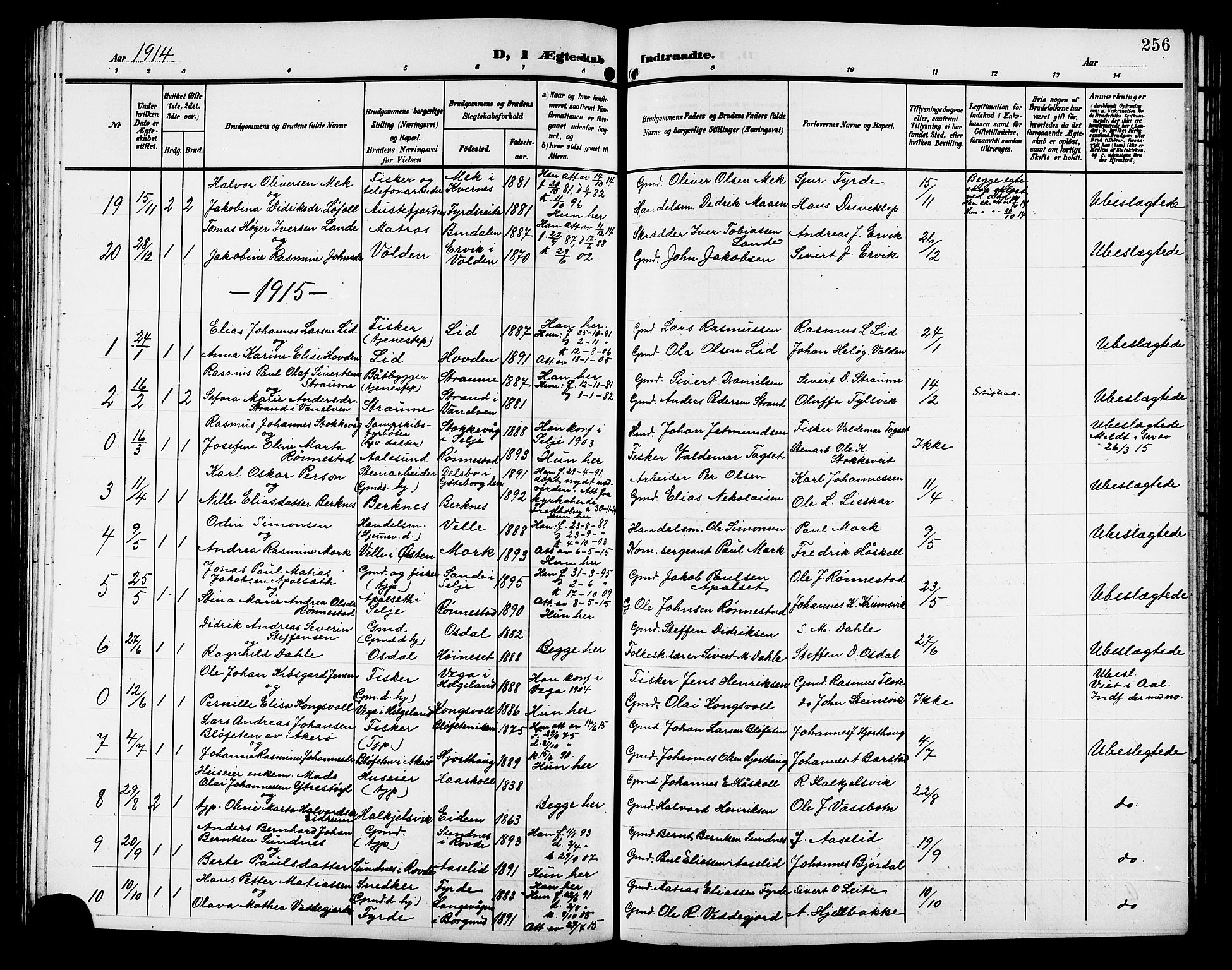 Ministerialprotokoller, klokkerbøker og fødselsregistre - Møre og Romsdal, AV/SAT-A-1454/511/L0159: Parish register (copy) no. 511C05, 1902-1920, p. 256