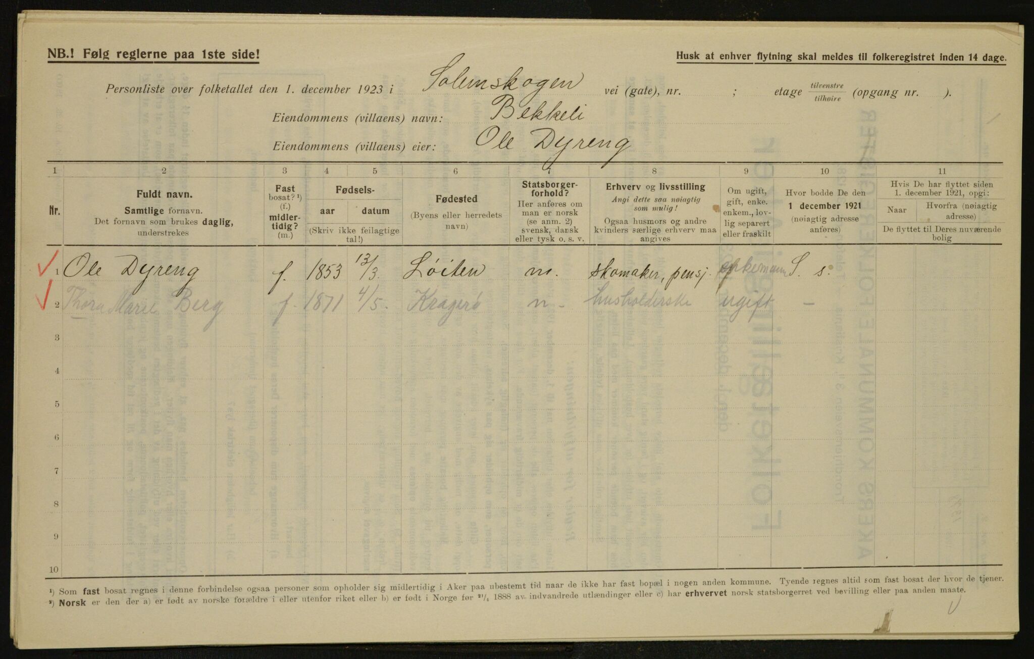 , Municipal Census 1923 for Aker, 1923, p. 31116