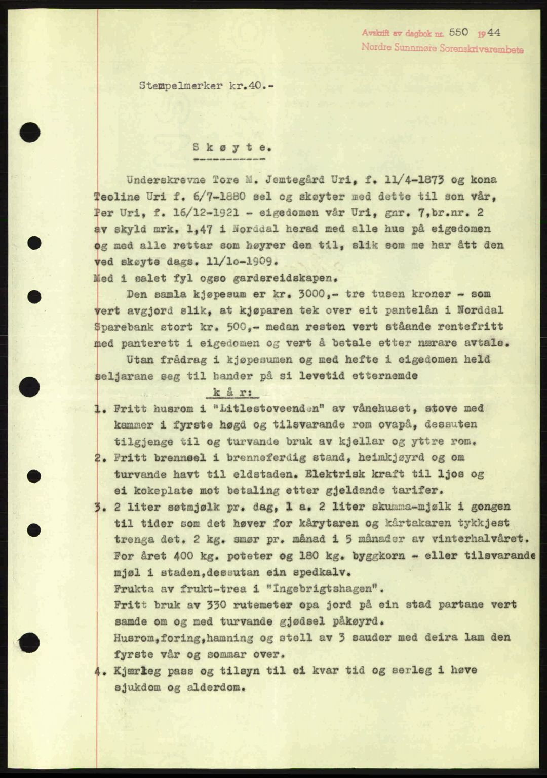 Nordre Sunnmøre sorenskriveri, AV/SAT-A-0006/1/2/2C/2Ca: Mortgage book no. A17, 1943-1944, Diary no: : 550/1944