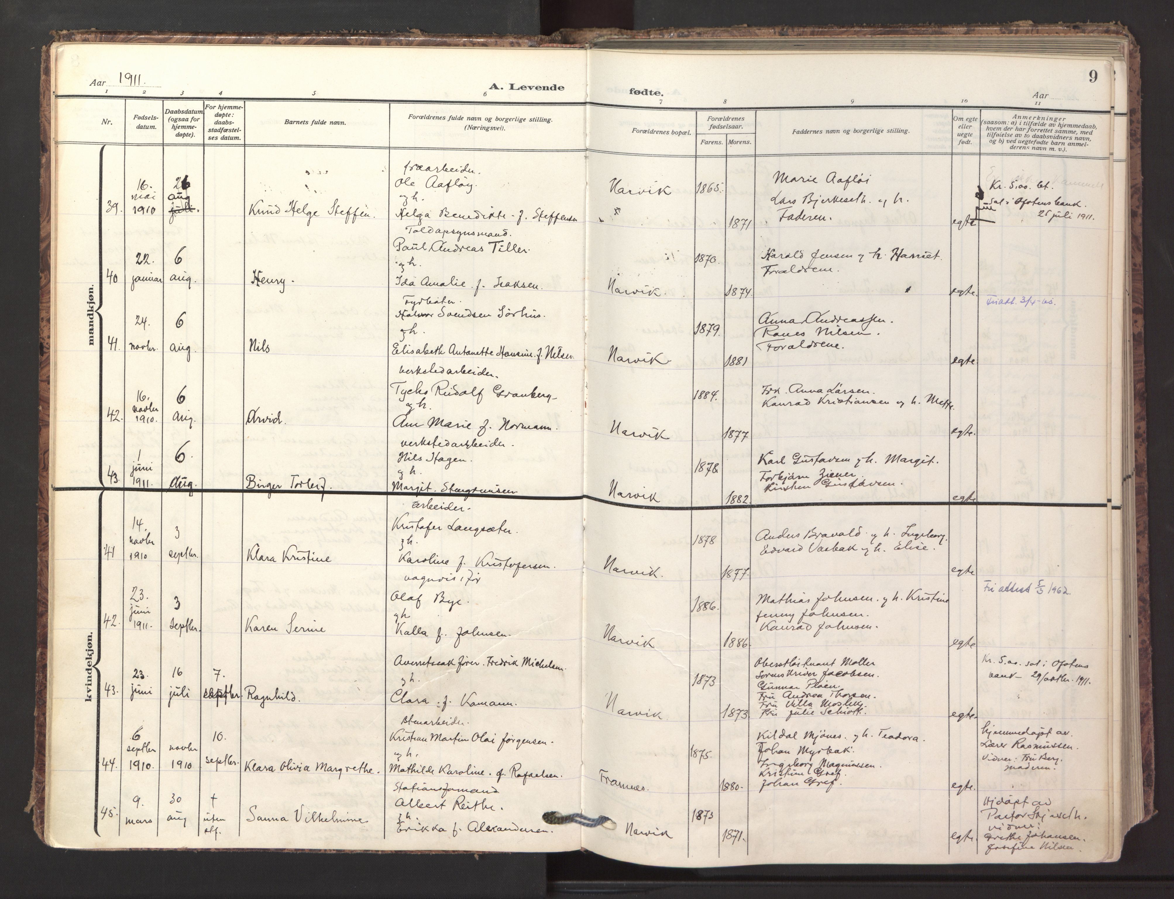 Ministerialprotokoller, klokkerbøker og fødselsregistre - Nordland, AV/SAT-A-1459/871/L1001: Parish register (official) no. 871A17, 1911-1921, p. 9