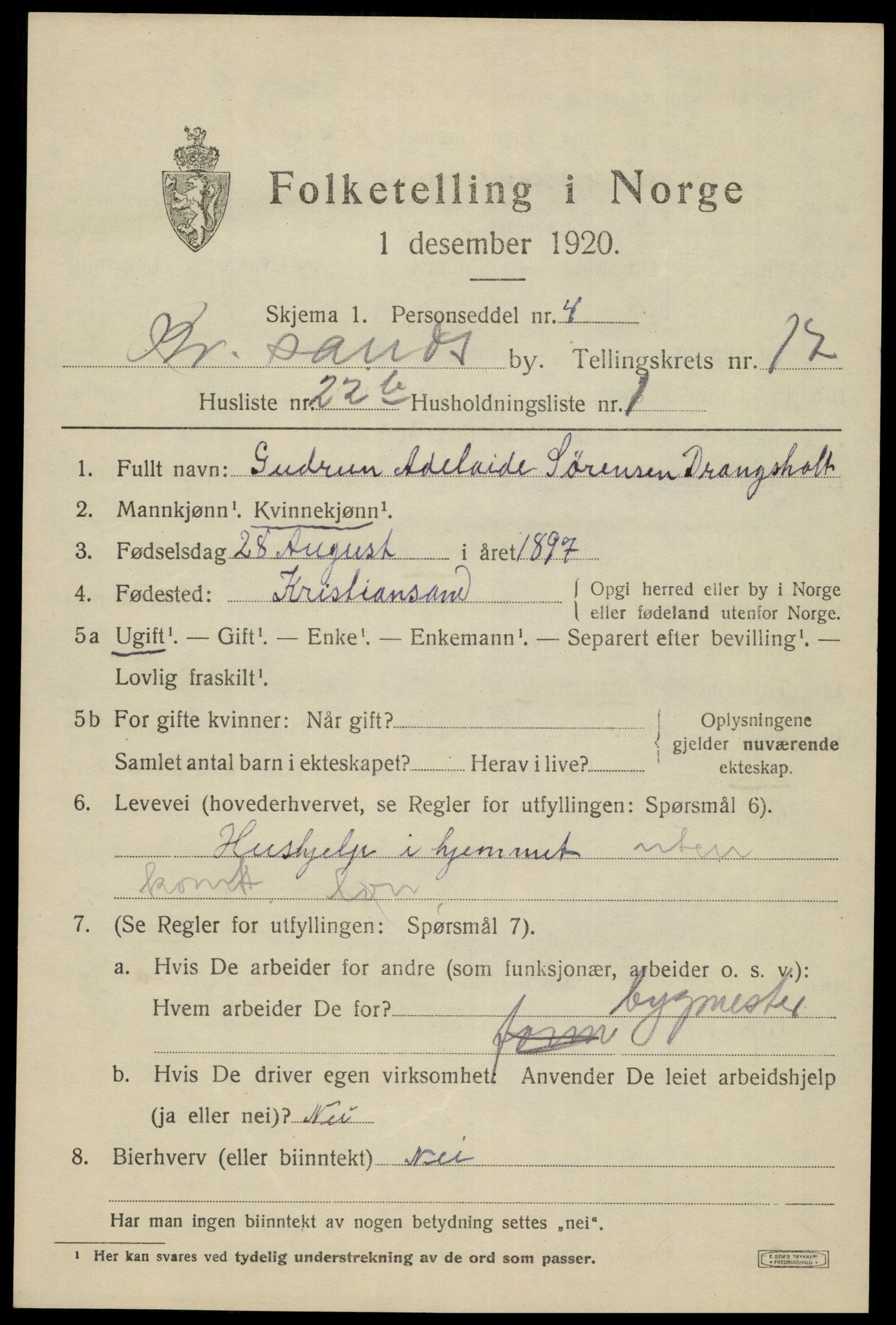 SAK, 1920 census for Kristiansand, 1920, p. 32861