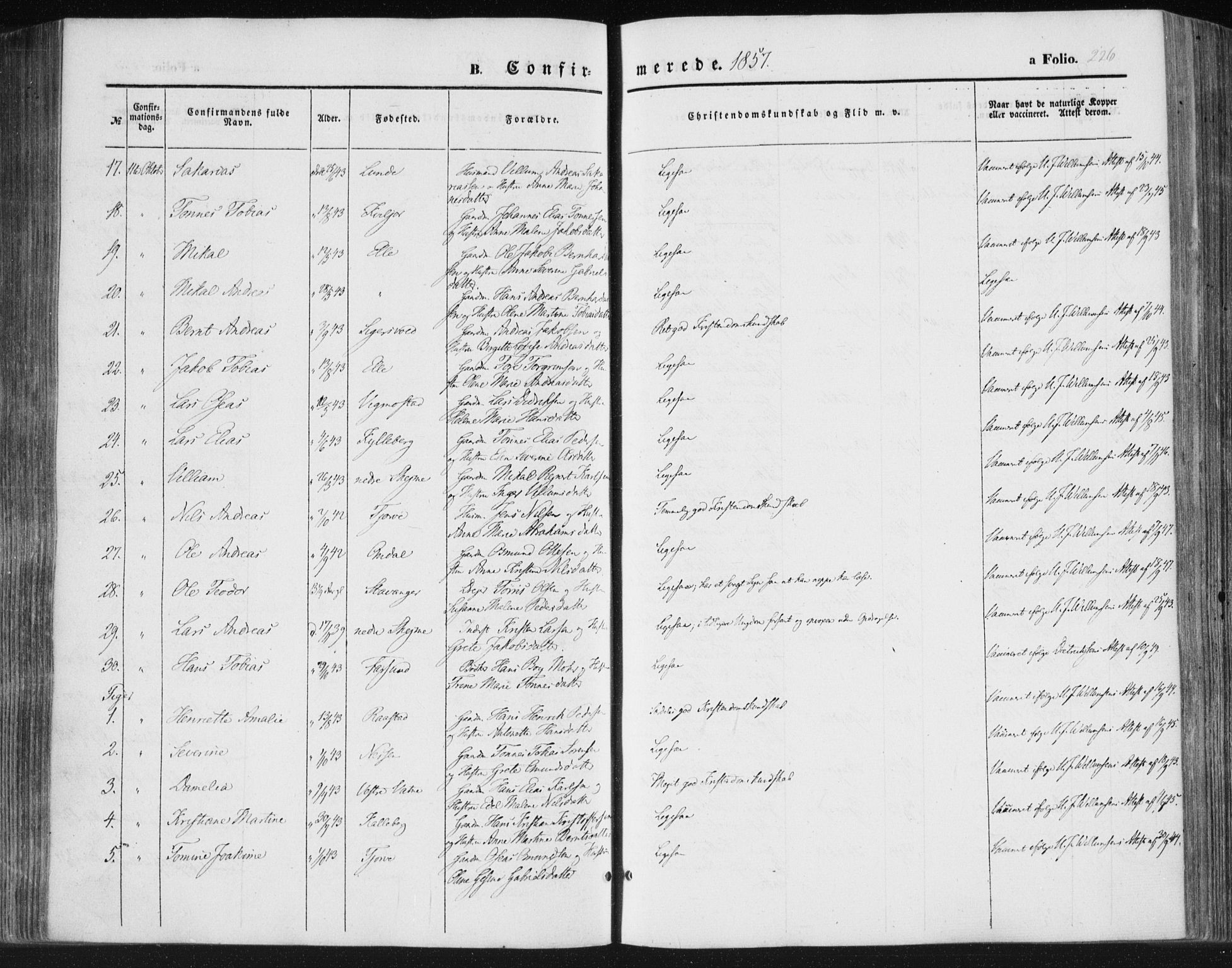 Lista sokneprestkontor, AV/SAK-1111-0027/F/Fa/L0010: Parish register (official) no. A 10, 1846-1861, p. 226