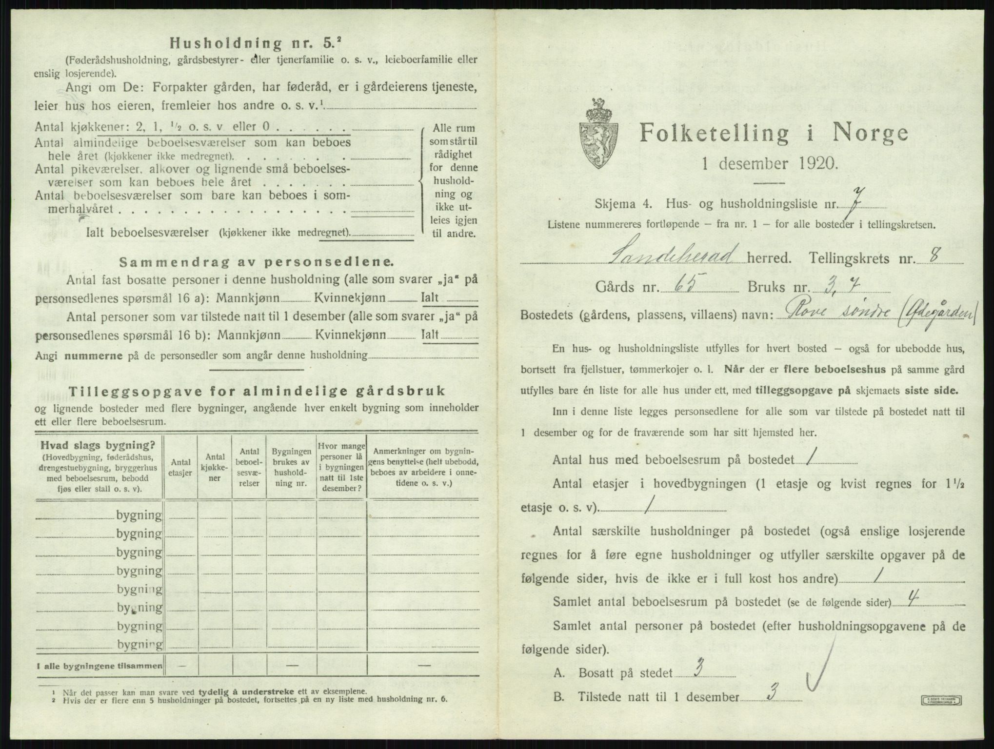 SAKO, 1920 census for Sandeherred, 1920, p. 1606