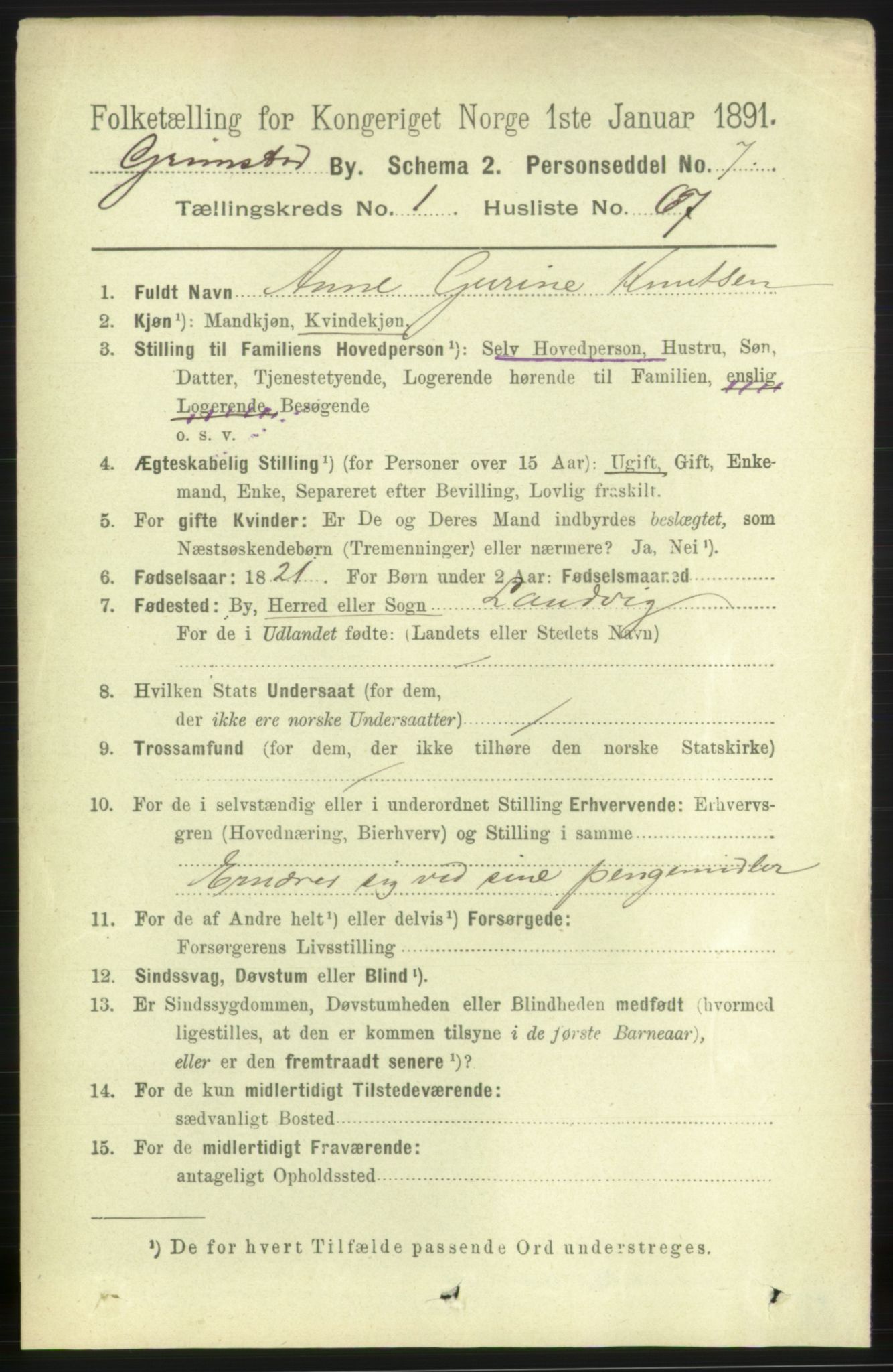 RA, 1891 census for 0904 Grimstad, 1891, p. 1491