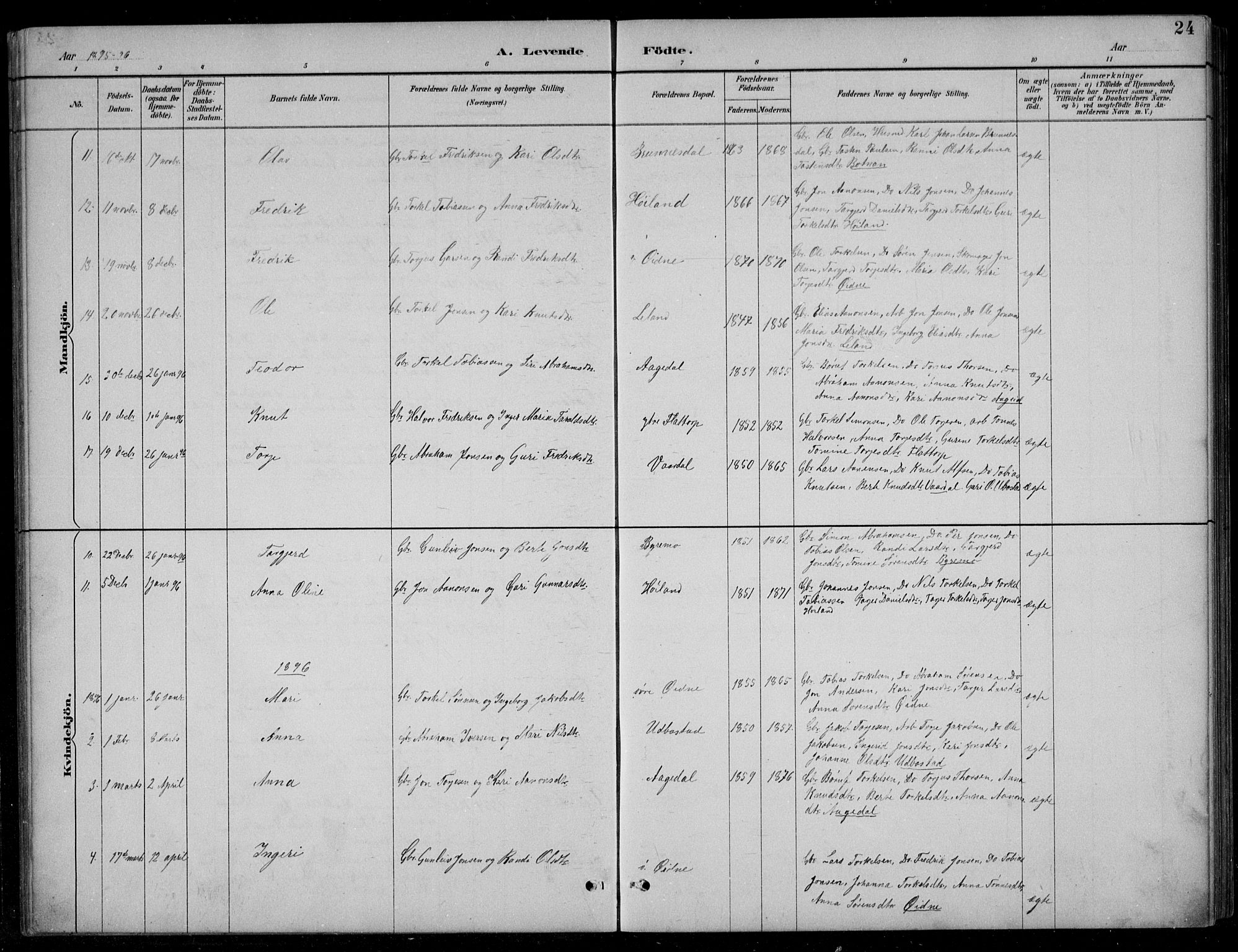 Bjelland sokneprestkontor, SAK/1111-0005/F/Fb/Fbc/L0003: Parish register (copy) no. B 3, 1887-1924, p. 24