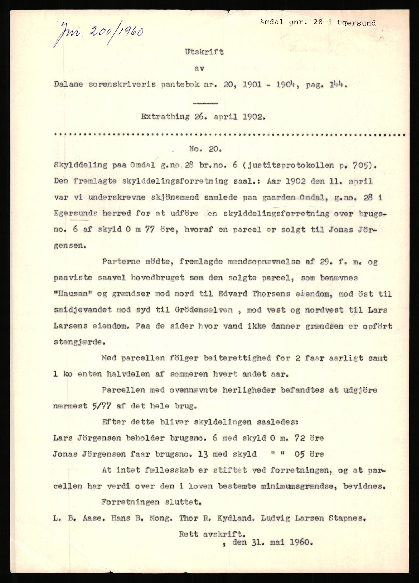 Statsarkivet i Stavanger, SAST/A-101971/03/Y/Yj/L0100: Avskrifter sortert etter gårdsnavn: Ålgård - Årsland, 1750-1930, p. 190