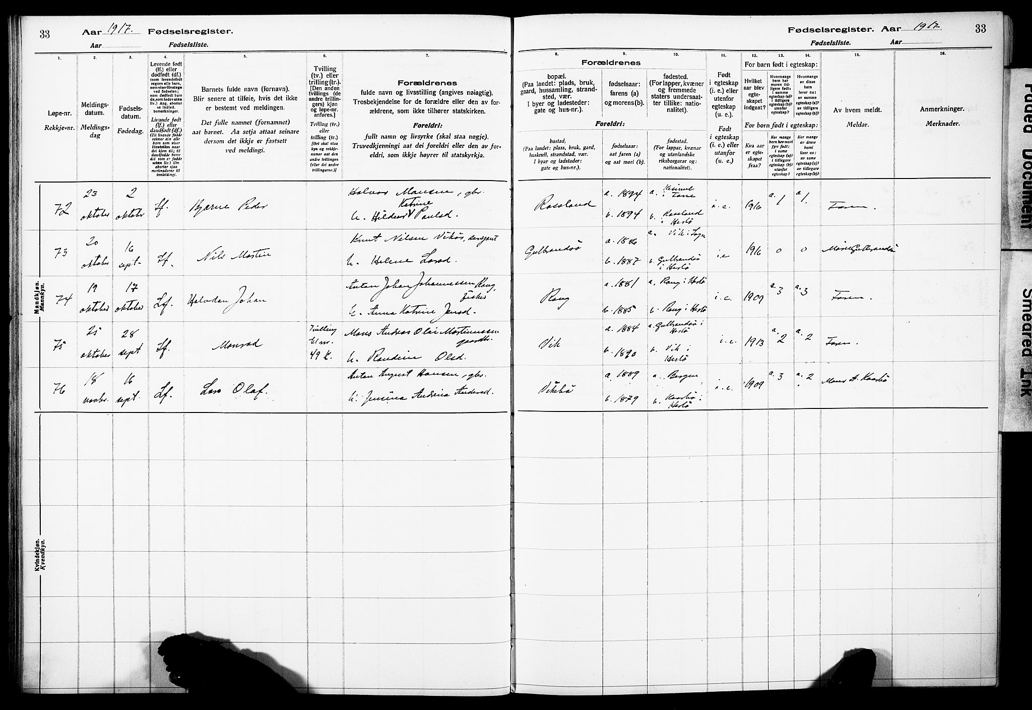 Herdla Sokneprestembete, AV/SAB-A-75701/I/Id/L00A1: Birth register no. A 1, 1916-1929, p. 33