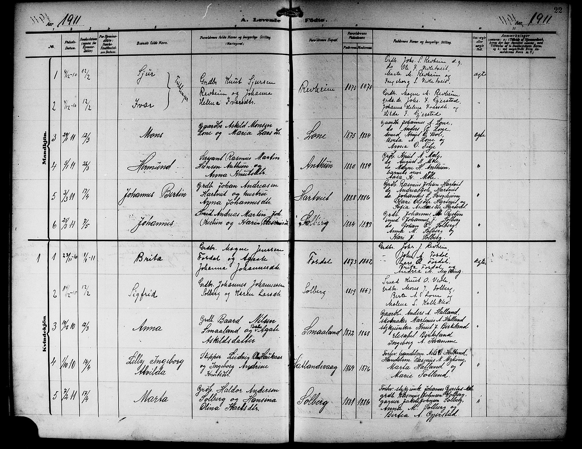 Haus sokneprestembete, SAB/A-75601/H/Hab: Parish register (copy) no. C 4, 1907-1922, p. 22