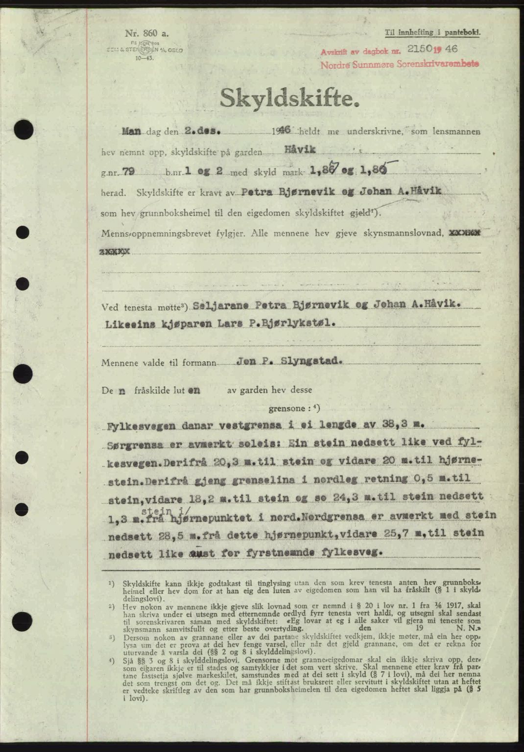 Nordre Sunnmøre sorenskriveri, AV/SAT-A-0006/1/2/2C/2Ca: Mortgage book no. A23, 1946-1947, Diary no: : 2150/1946