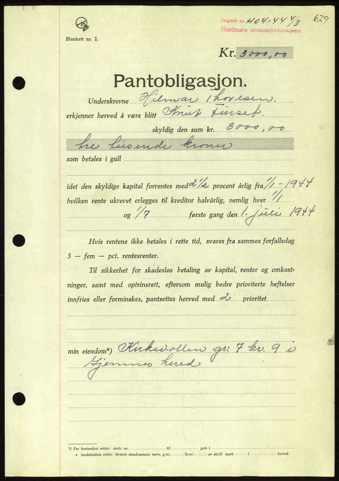 Nordmøre sorenskriveri, AV/SAT-A-4132/1/2/2Ca: Mortgage book no. B91, 1943-1944, Diary no: : 404/1944