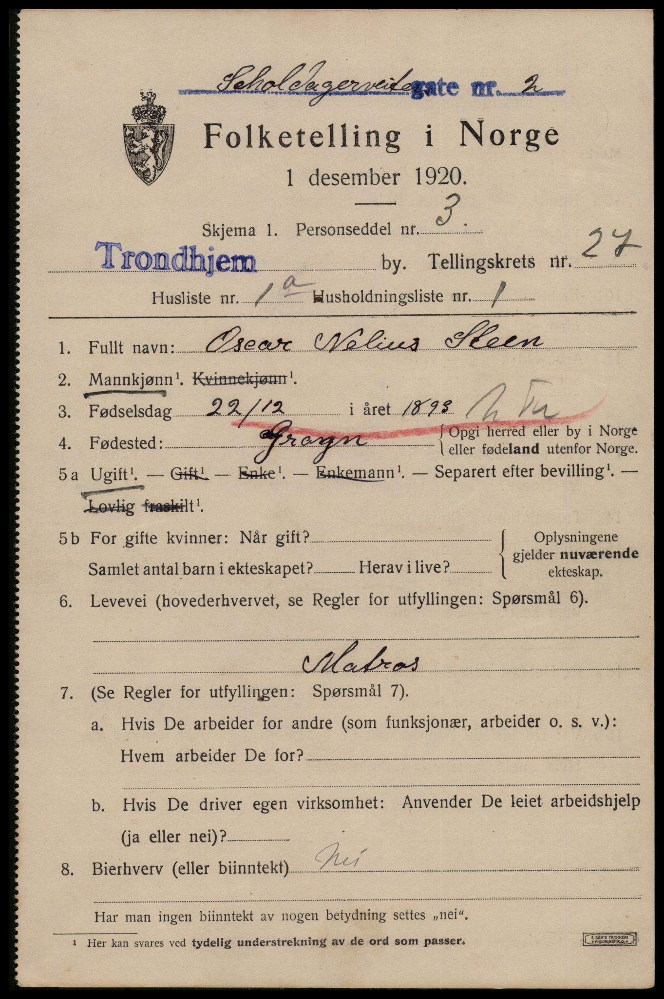 SAT, 1920 census for Trondheim, 1920, p. 69744