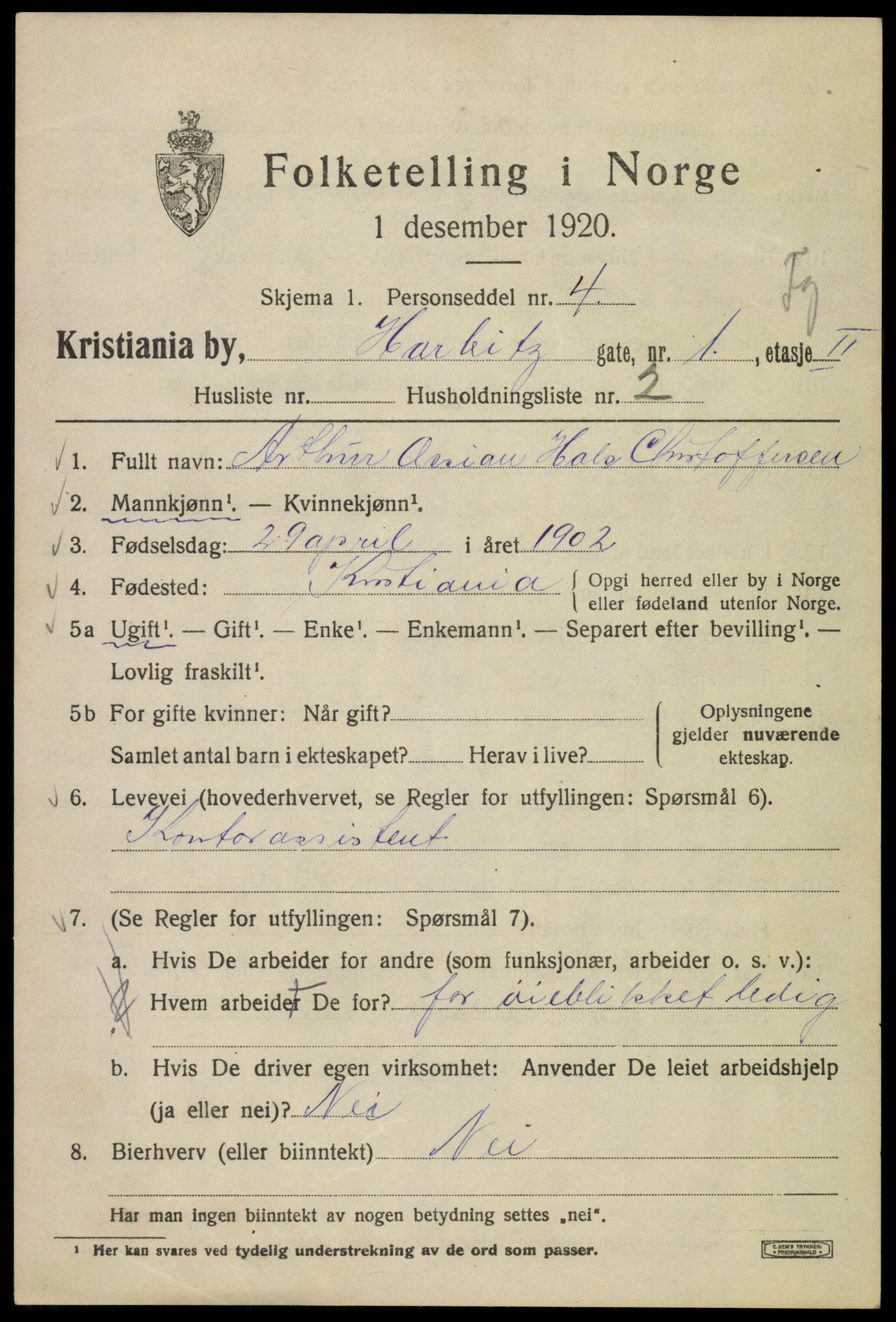 SAO, 1920 census for Kristiania, 1920, p. 271111