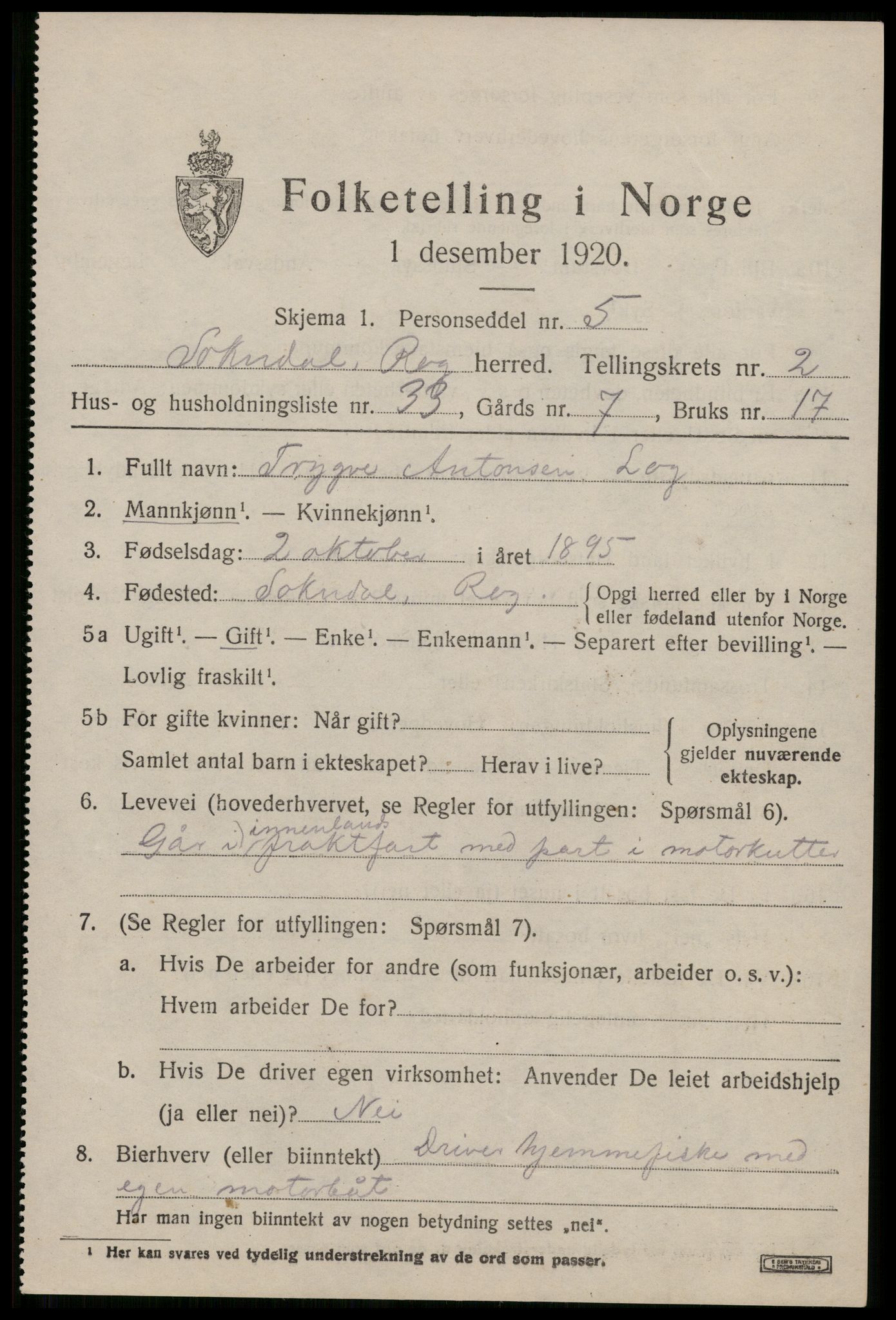 SAST, 1920 census for Sokndal, 1920, p. 2091