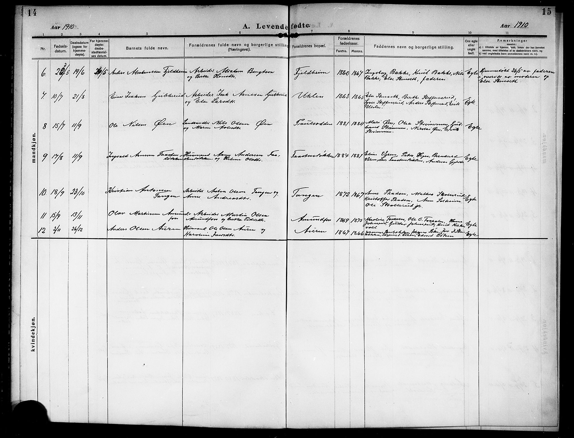 Ådal kirkebøker, AV/SAKO-A-248/G/Gb/L0002: Parish register (copy) no. II 2, 1909-1920, p. 14-15