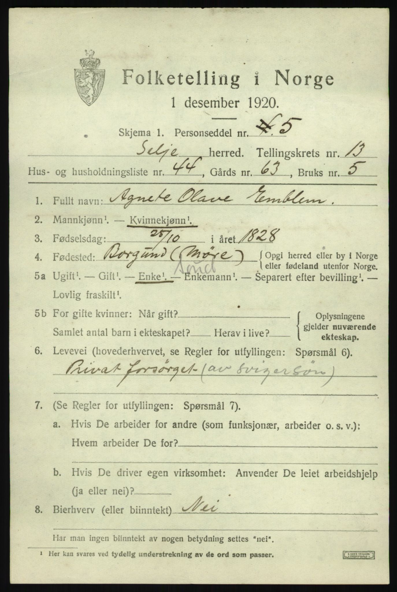 SAB, 1920 census for Selje, 1920, p. 6165