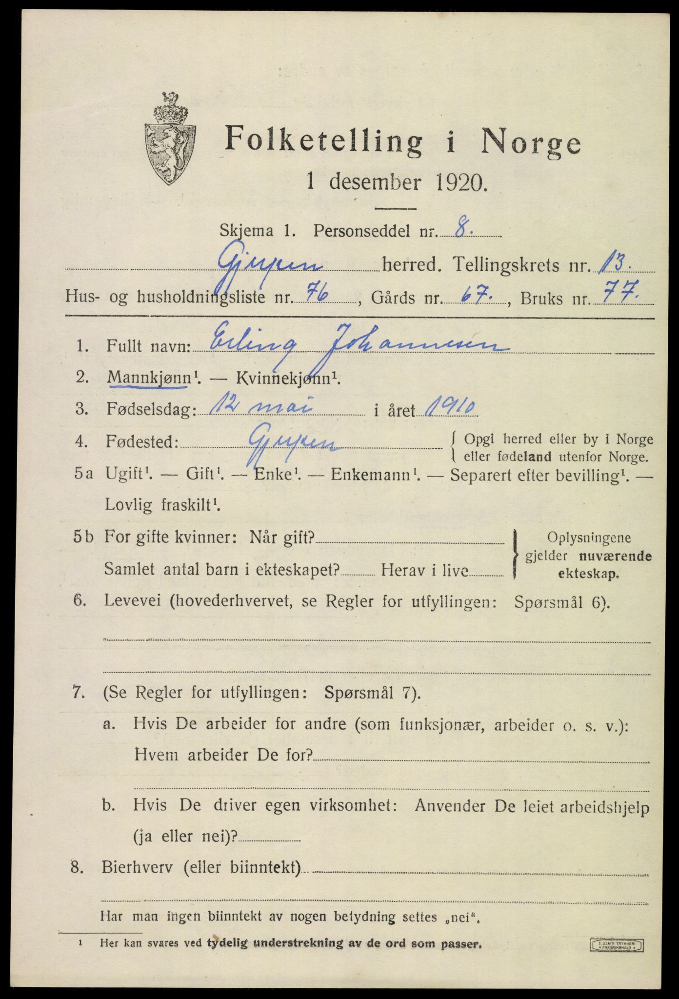 SAKO, 1920 census for Gjerpen, 1920, p. 14950