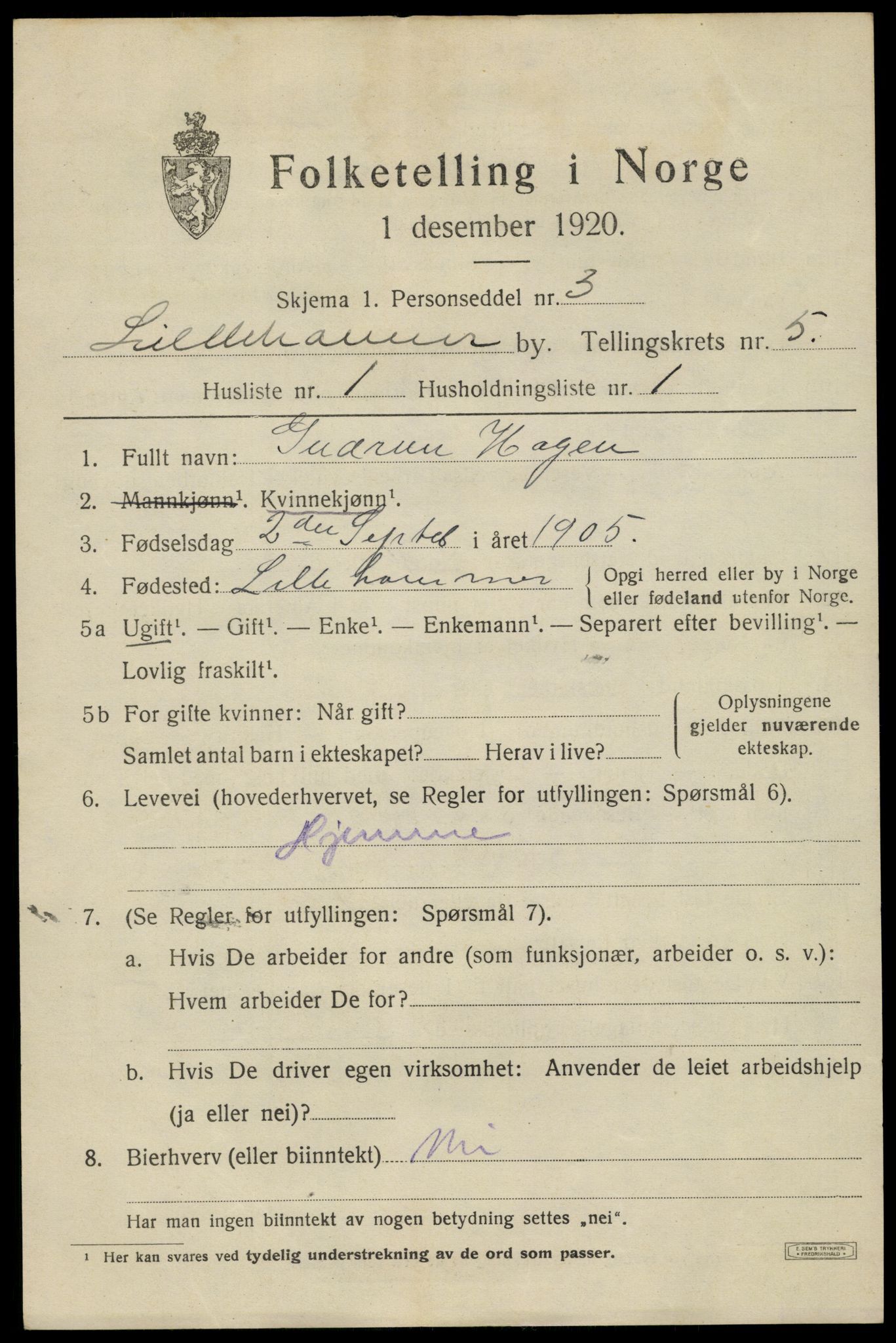 SAH, 1920 census for Lillehammer, 1920, p. 7650