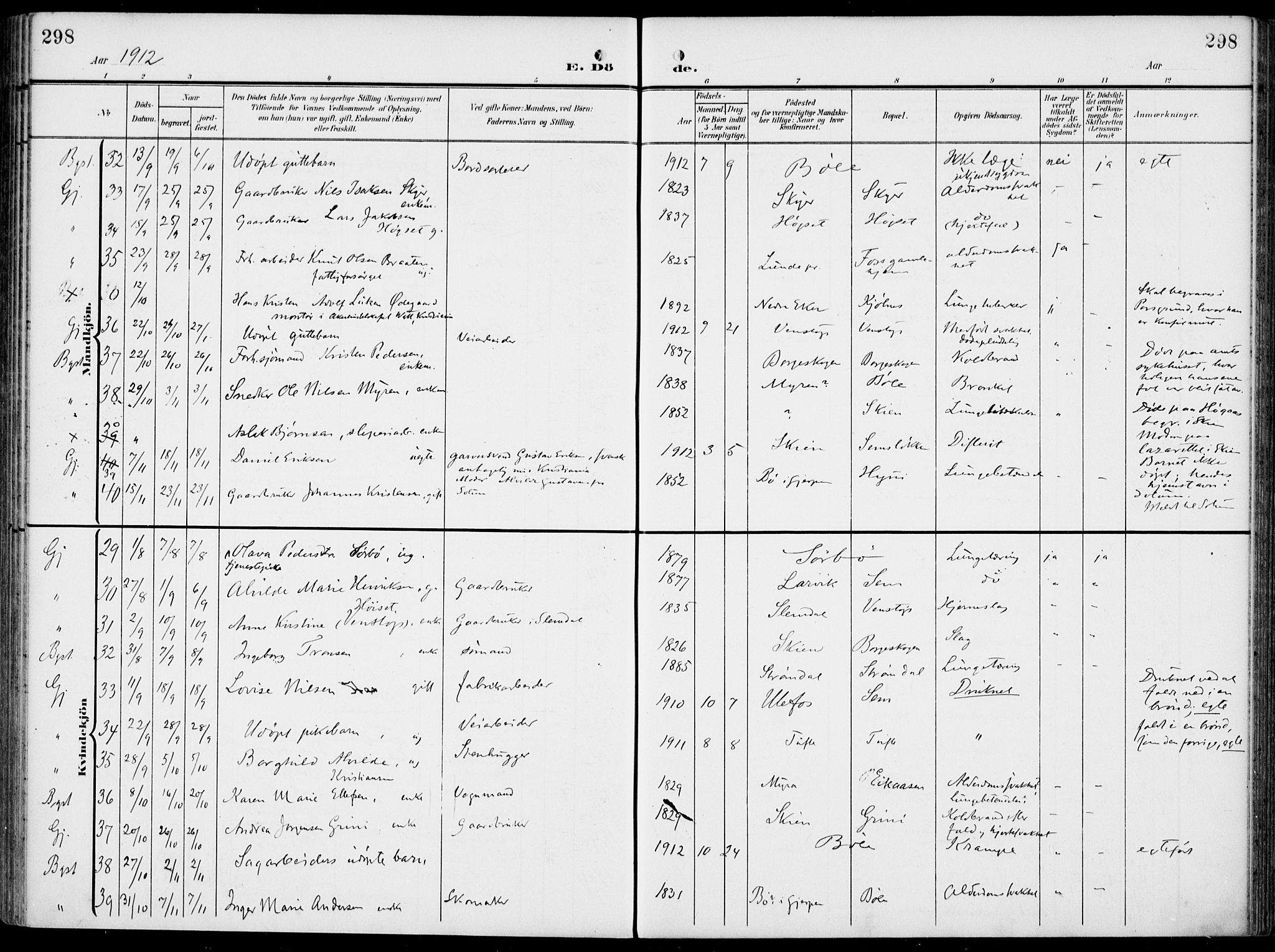 Gjerpen kirkebøker, SAKO/A-265/F/Fa/L0012: Parish register (official) no. I 12, 1905-1913, p. 298