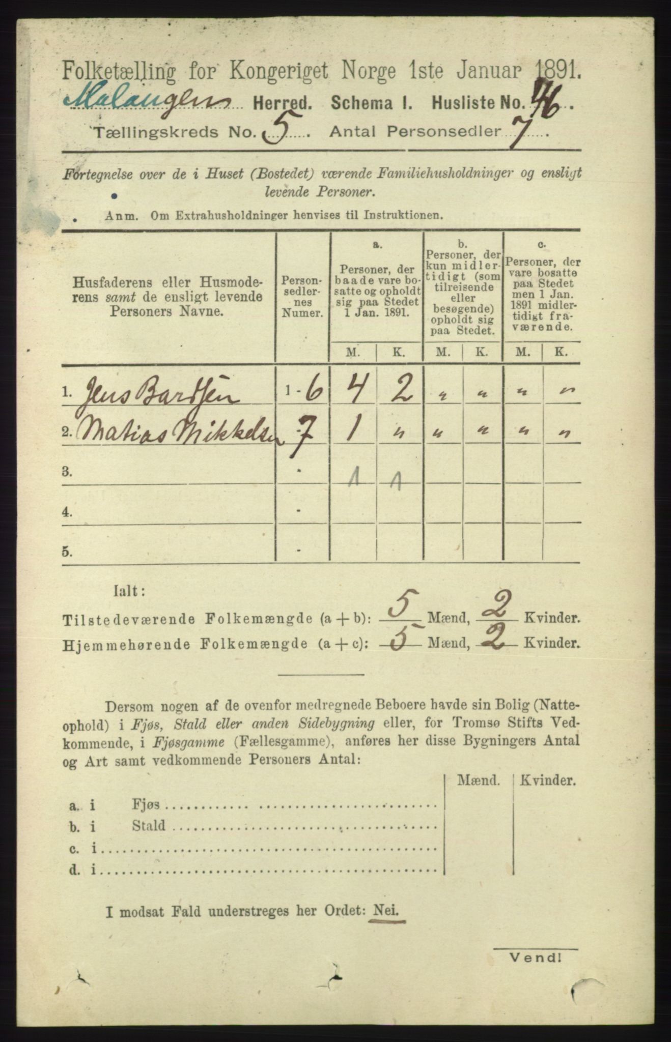 RA, 1891 census for 1932 Malangen, 1891, p. 1525