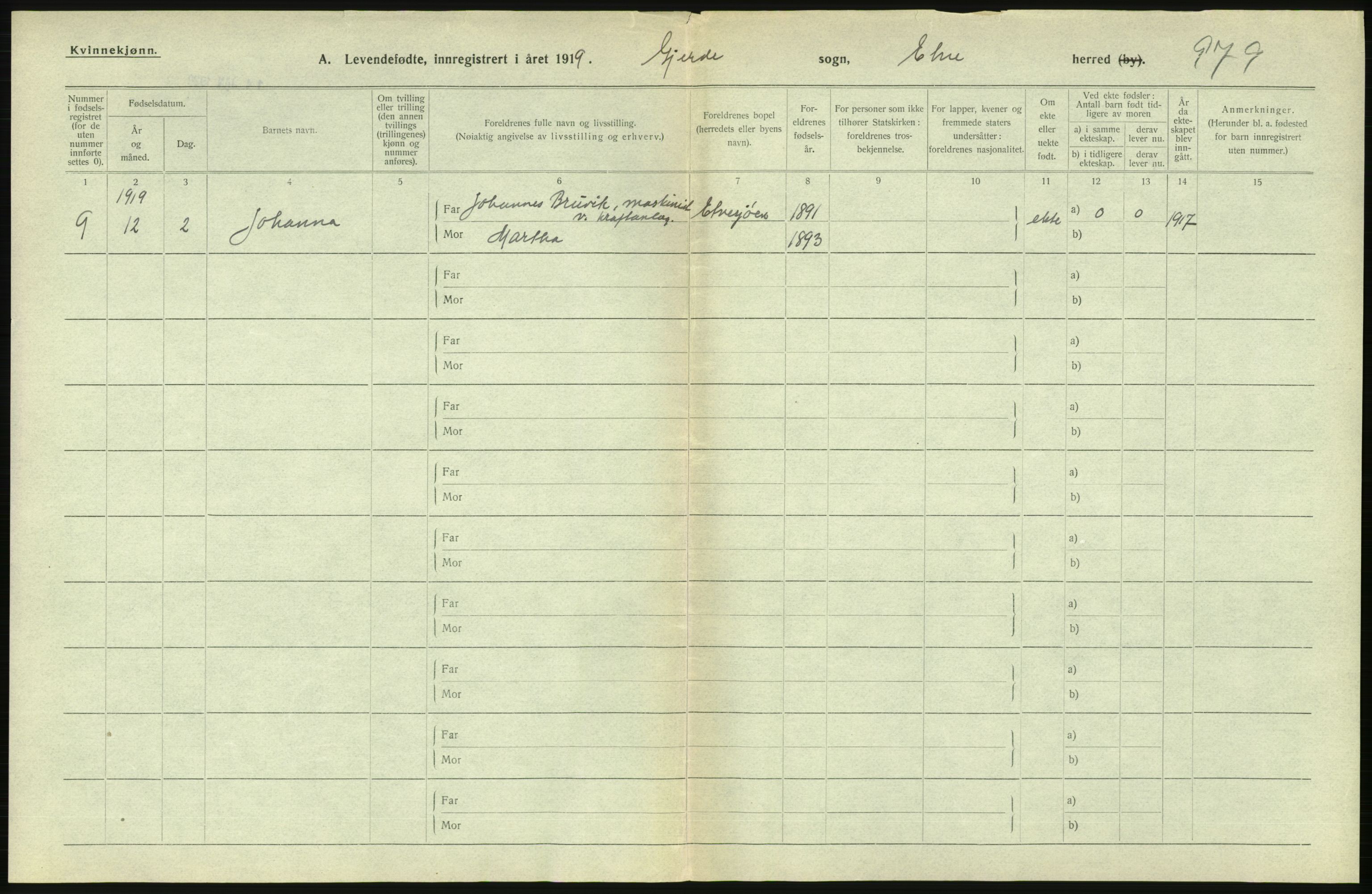 Statistisk sentralbyrå, Sosiodemografiske emner, Befolkning, RA/S-2228/D/Df/Dfb/Dfbi/L0031: Hordaland fylke: Levendefødte menn og kvinner. Bygder., 1919, p. 560