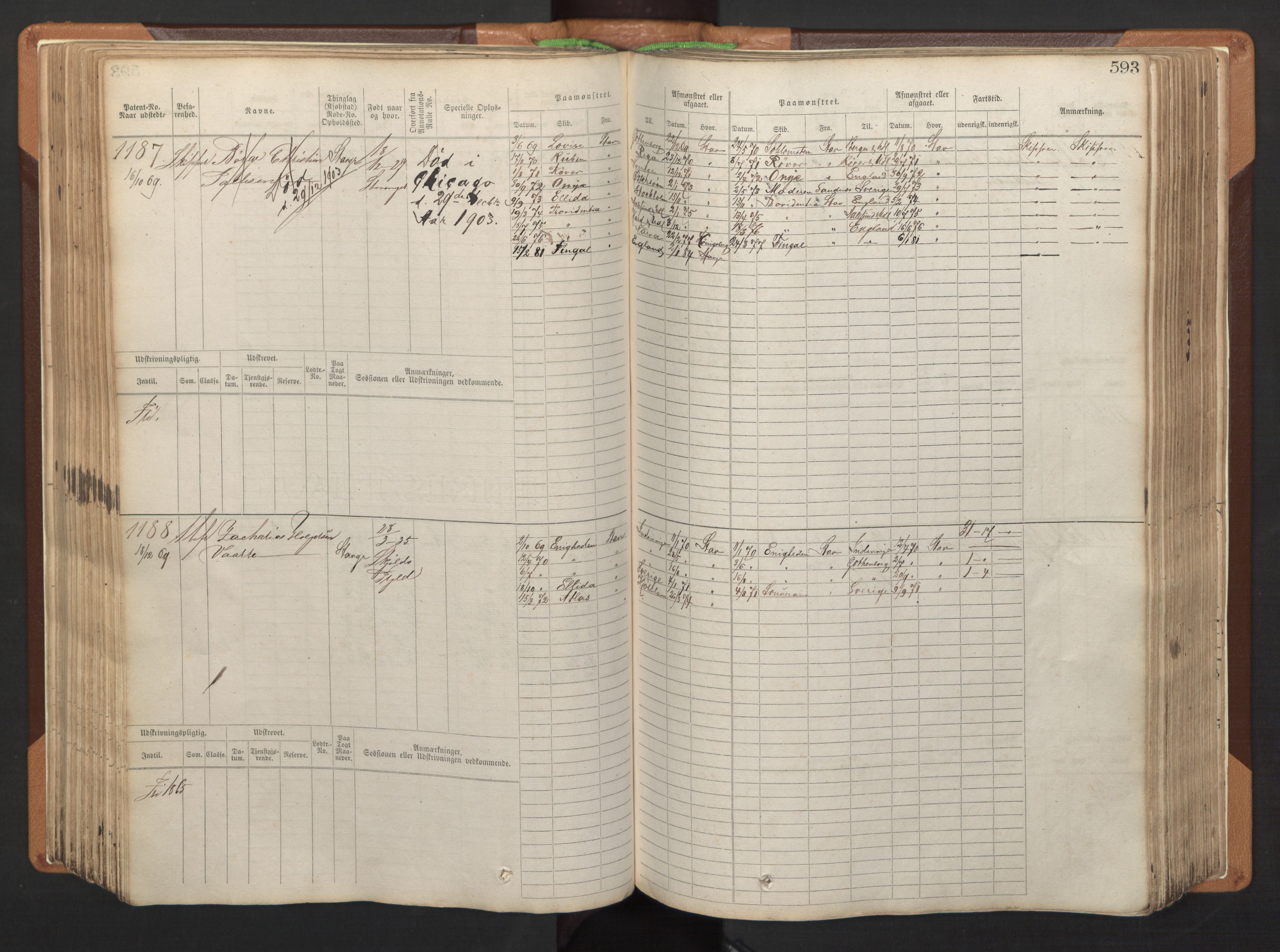 Stavanger sjømannskontor, SAST/A-102006/F/Fb/Fbb/L0005: Sjøfartshovedrulle, patentnr. 793-1606 (del 2), 1869-1880, p. 203