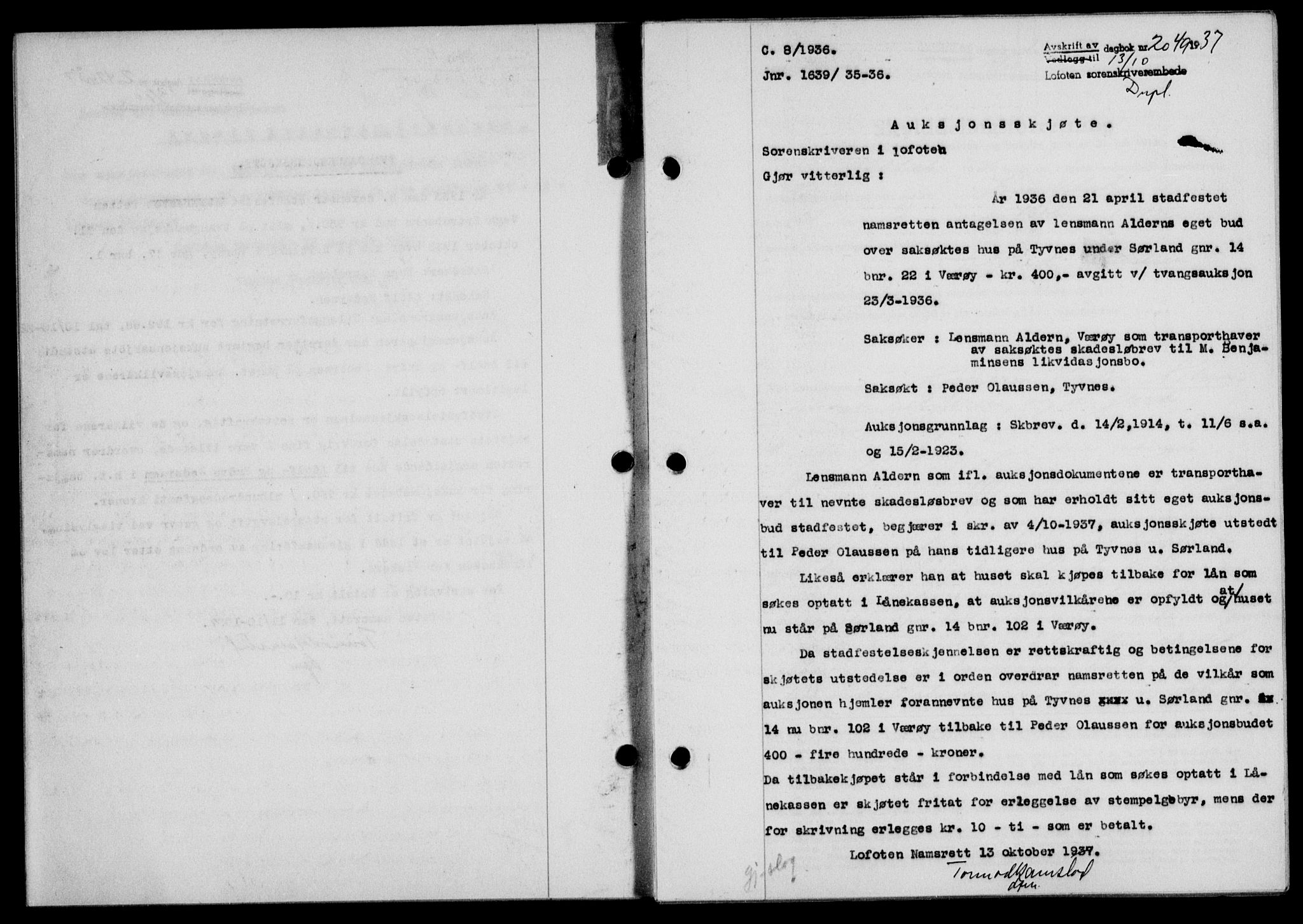 Lofoten sorenskriveri, SAT/A-0017/1/2/2C/L0003a: Mortgage book no. 3a, 1937-1938, Diary no: : 2049/1937