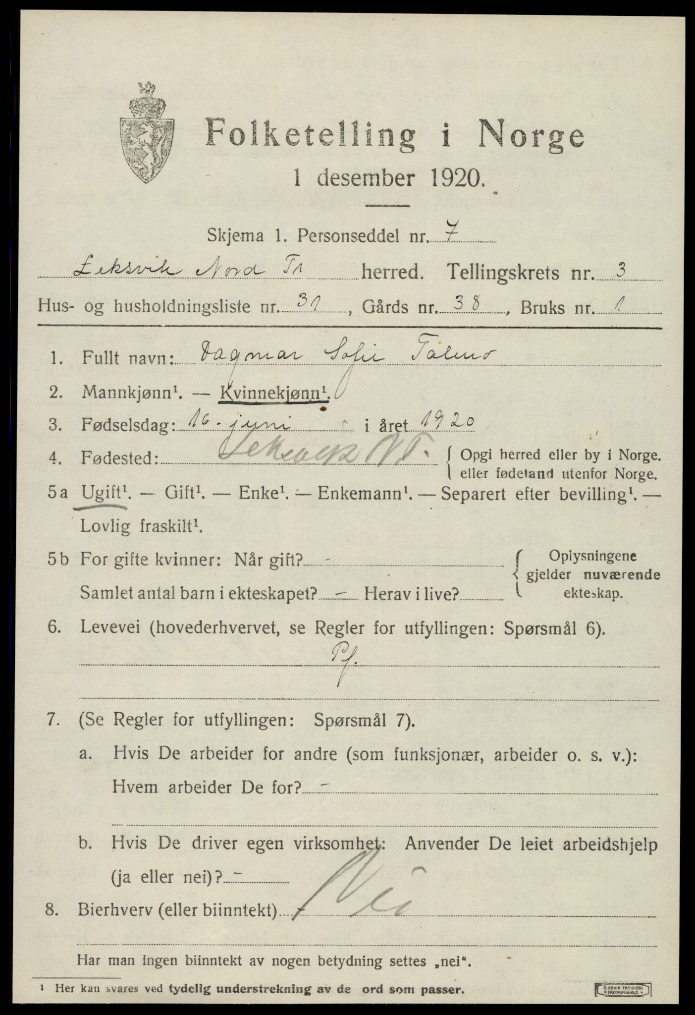 SAT, 1920 census for Leksvik, 1920, p. 3270