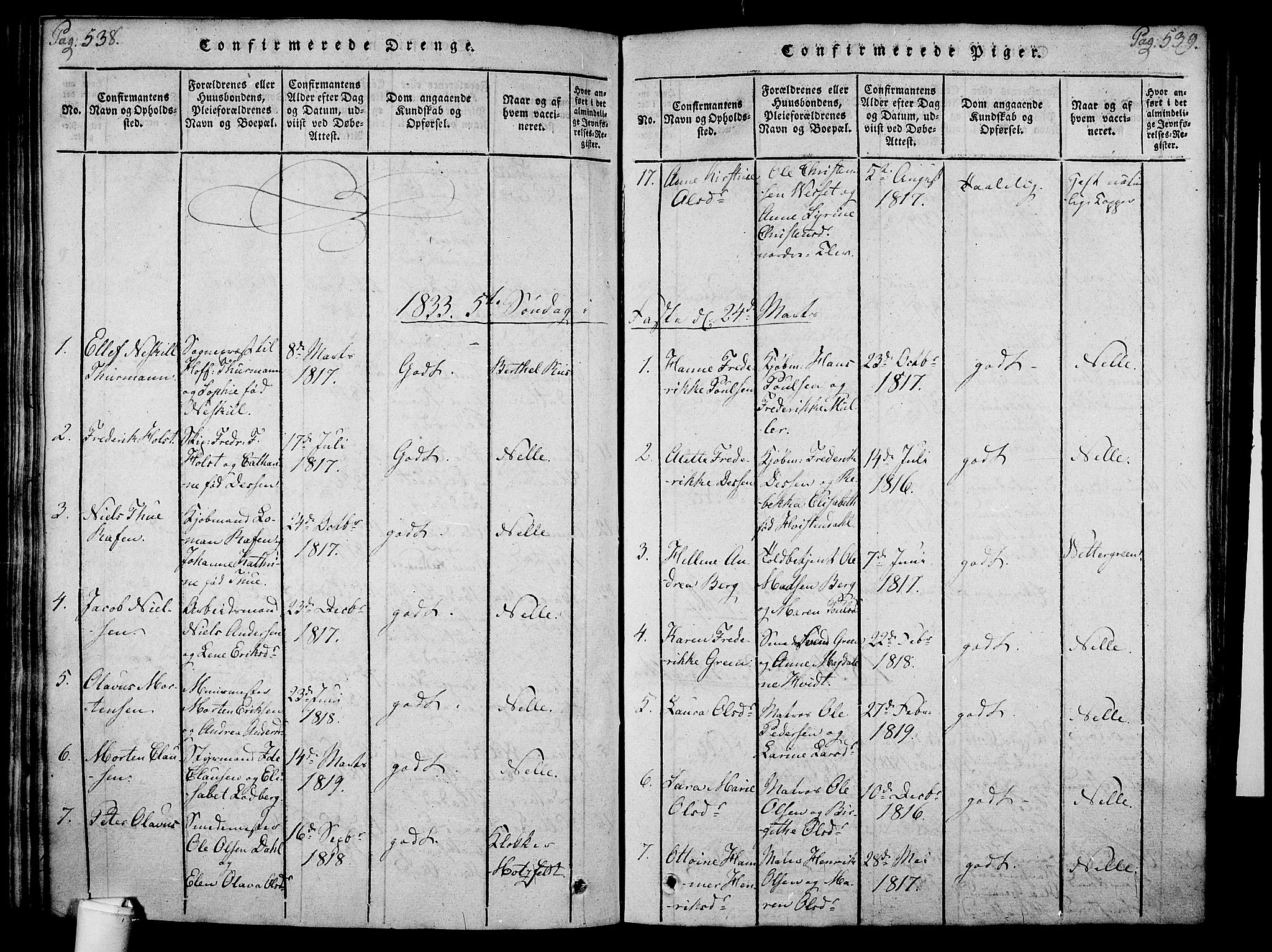 Holmestrand kirkebøker, AV/SAKO-A-346/F/Fa/L0001: Parish register (official) no. 1, 1814-1840, p. 538-539