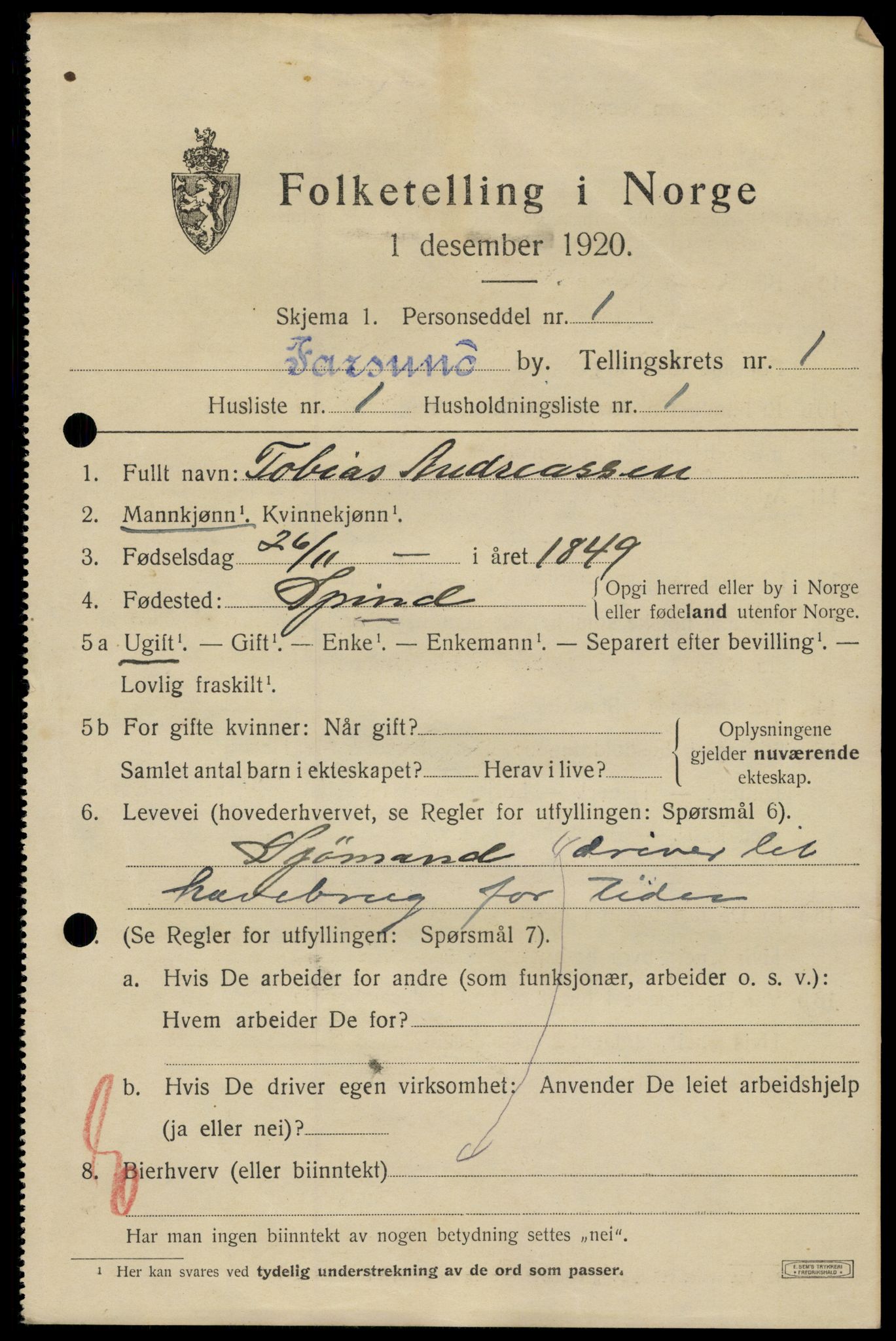 SAK, 1920 census for Farsund, 1920, p. 1221