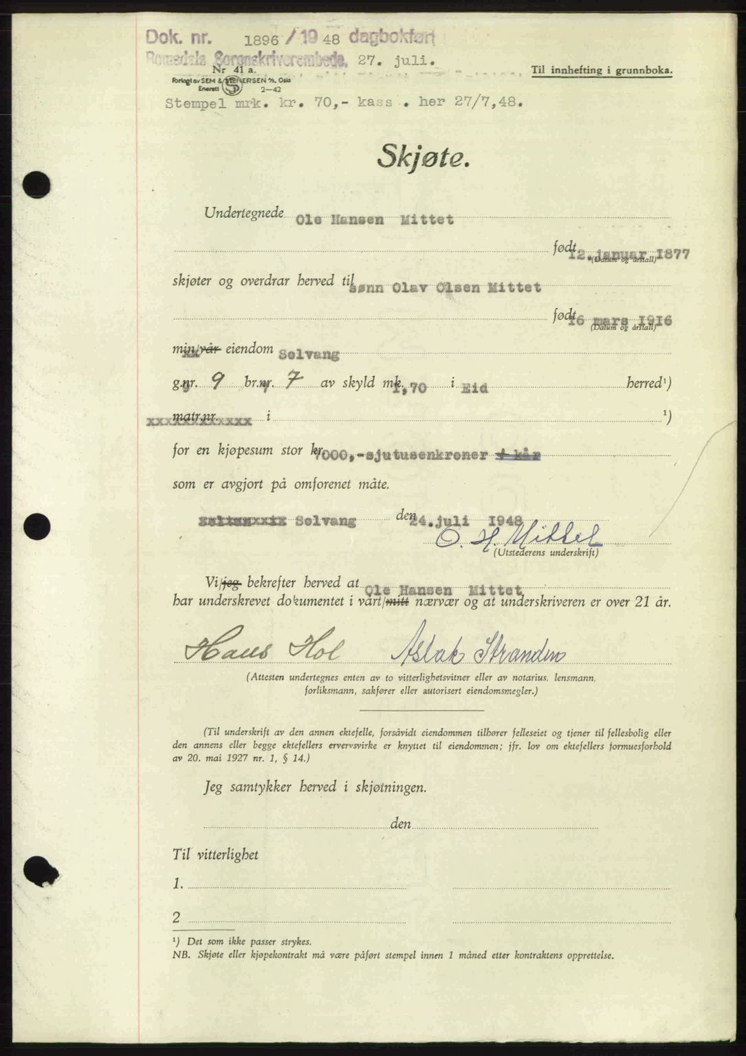 Romsdal sorenskriveri, AV/SAT-A-4149/1/2/2C: Mortgage book no. A26, 1948-1948, Diary no: : 1896/1948