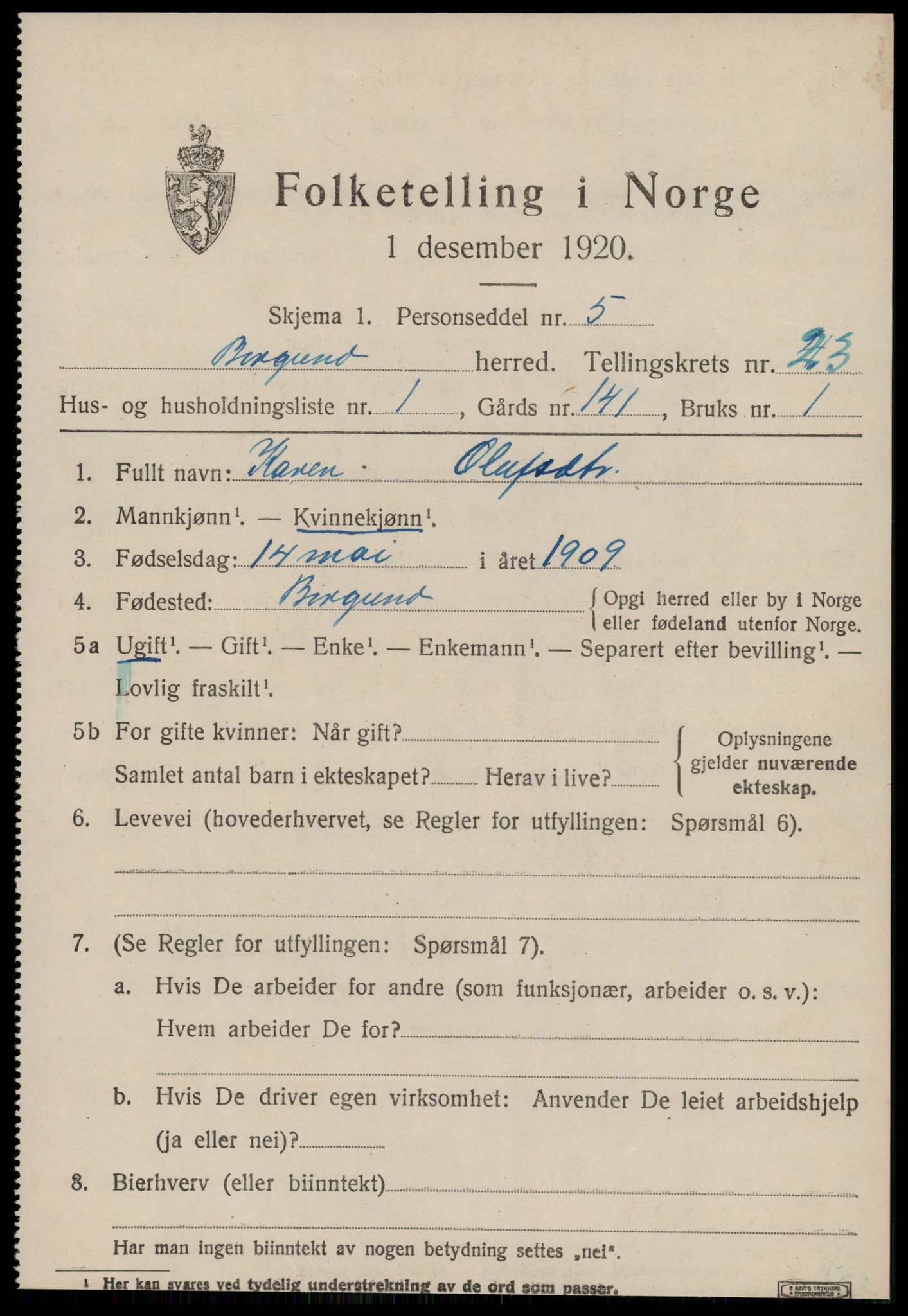 SAT, 1920 census for Borgund, 1920, p. 16342